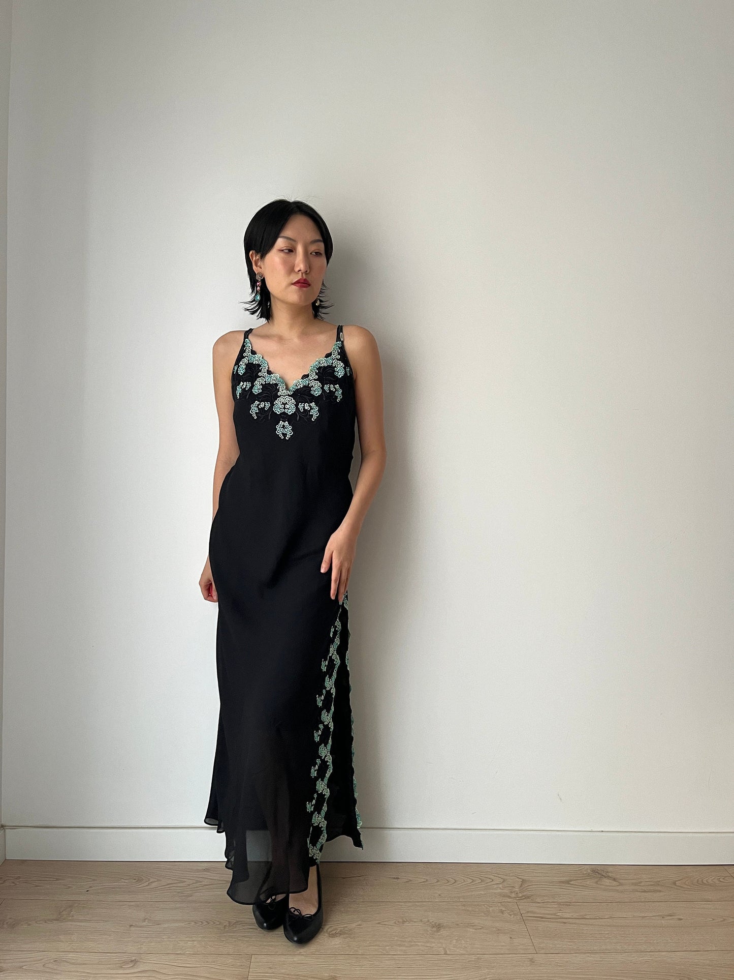 Vintage black pure silk chiffon lace cut out embroidered nightdress