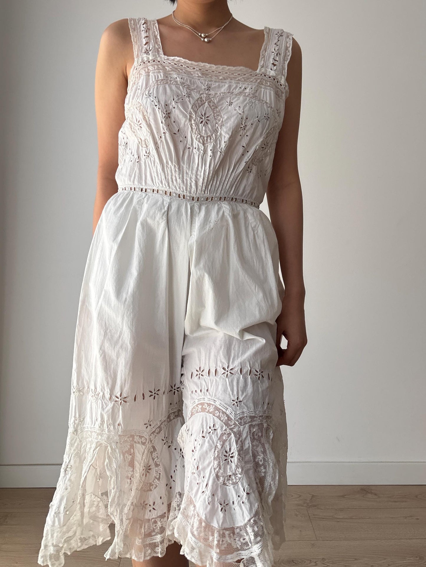 Antique 1910s Edwardian White Cotton  Floral Embroidered Lace Jumpsuit Romper, One Piece Cami Split Crotch Pantaloons with Broderie Anglaise