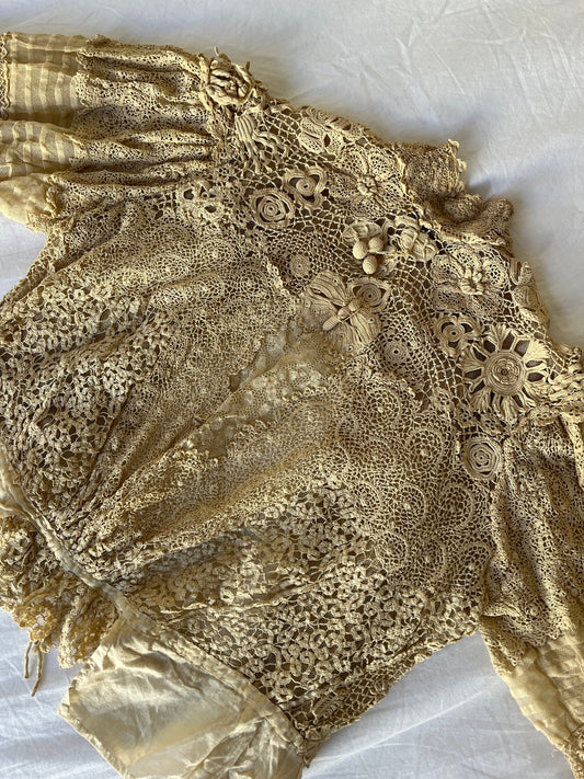 Antique White 1900 1910’s Corset Bodice Crochet Blouse, Edwardian Cotton Lace Corset Cover