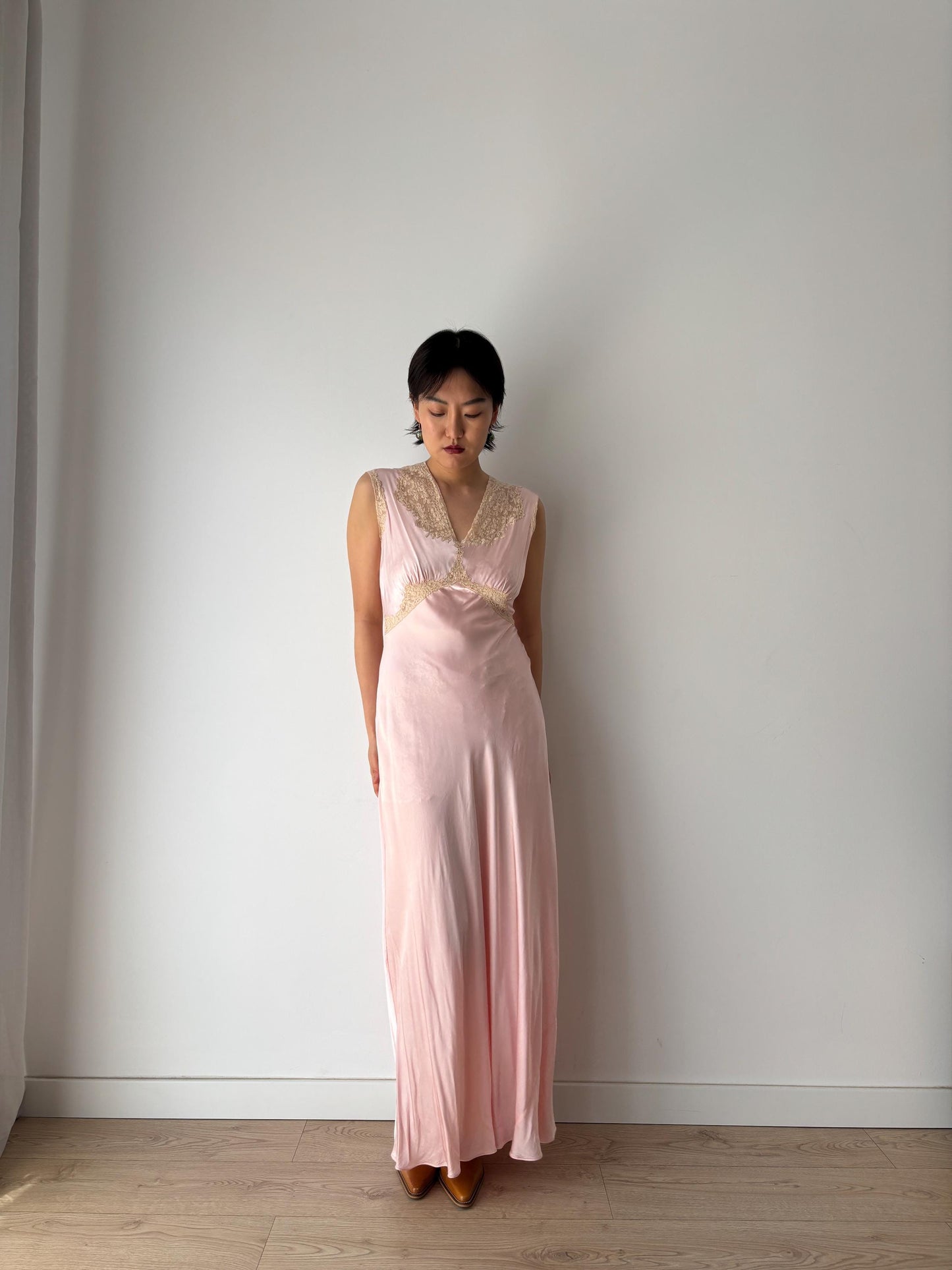 1930s Antique Lace appliqué Peach Pink Pure Silk bias cut gown, Liquid Satin Silk Maxi Dress