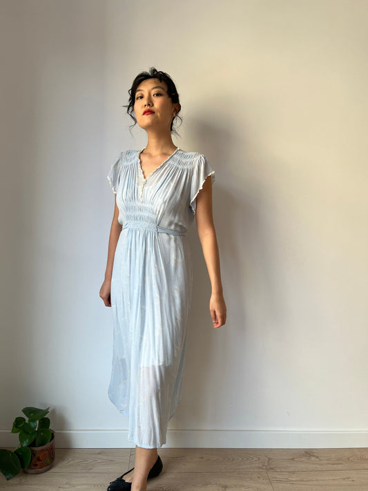 Antique 1930s bias cut liquid pure silk floral nightdress, Embroidered art deco babe blue maxi dress