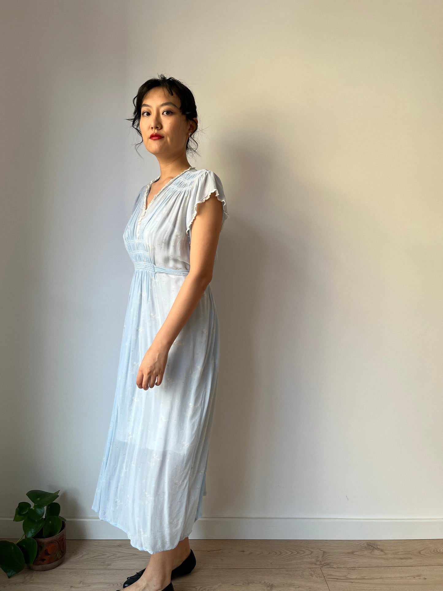 Antique 1930s bias cut liquid pure silk floral nightdress, Embroidered art deco babe blue maxi dress
