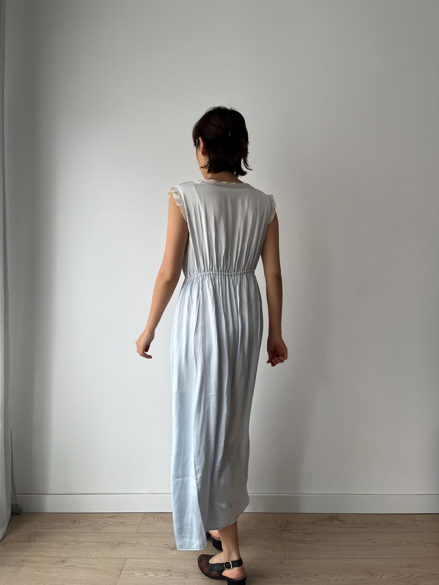 1940s Antique Bias Cut Negligee Pure Silk Liquid Satin Lace Nightgown