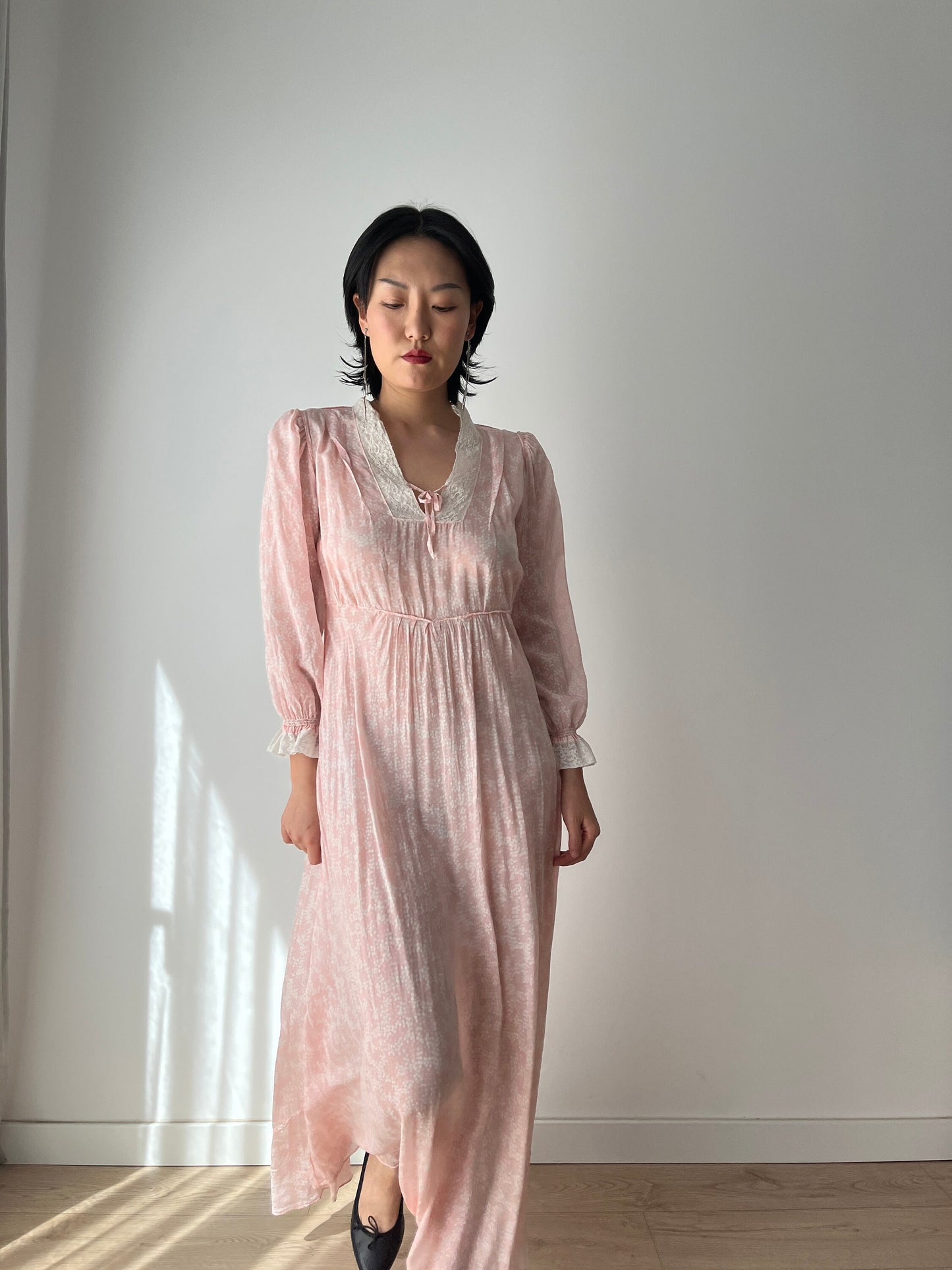 Antique 1940s bias cut liquid pure silk chiffon nightdress, Embroidered art deco pink maxi dress