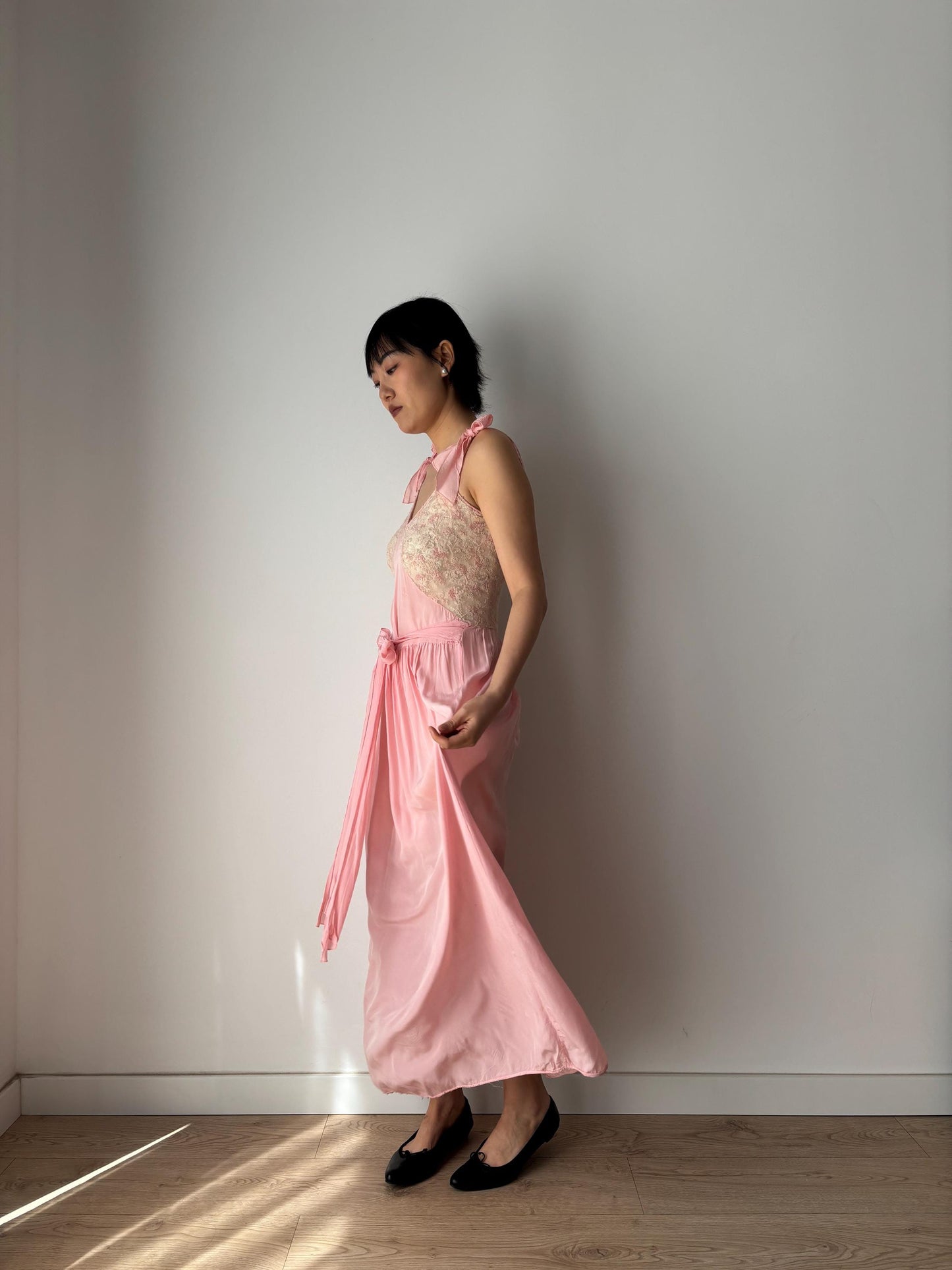 1930s Antique Pink Pure Silk Crepe Lace Nightgown with waist belt