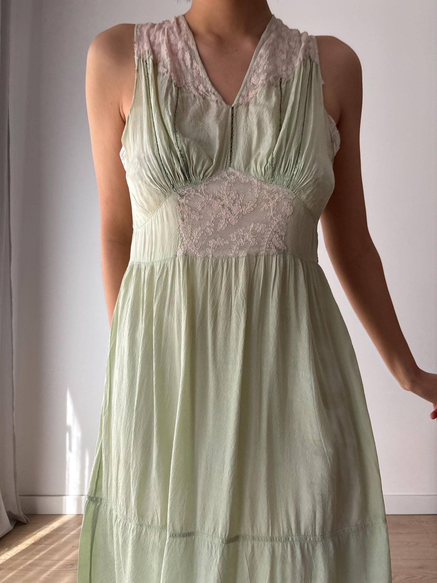 vintage 1940s 1930s mint green silk crepe heavy lace embroidered art deco dress, romantic parisian french dress