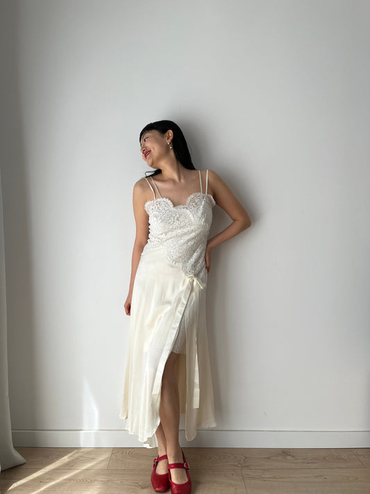 Vintage 90s Y2K liquid silk satin white embroidered slip long maxi camisole dress