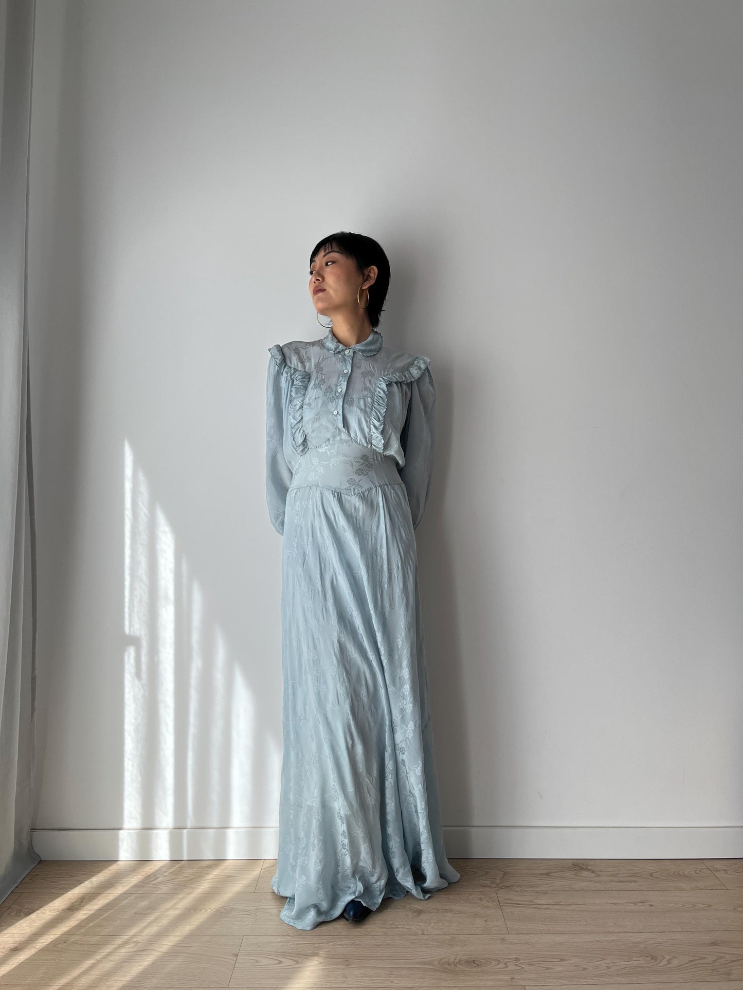 1930s Antique Bias Cut Negligee Pure Silk Liquid Satin Lace Nightgown Maxi Dress