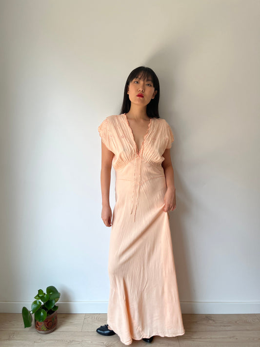 1930s Peach Silk Bias Cut Pure Silk Chiffon Crepe Embroidered Nightgown Maxi Dress