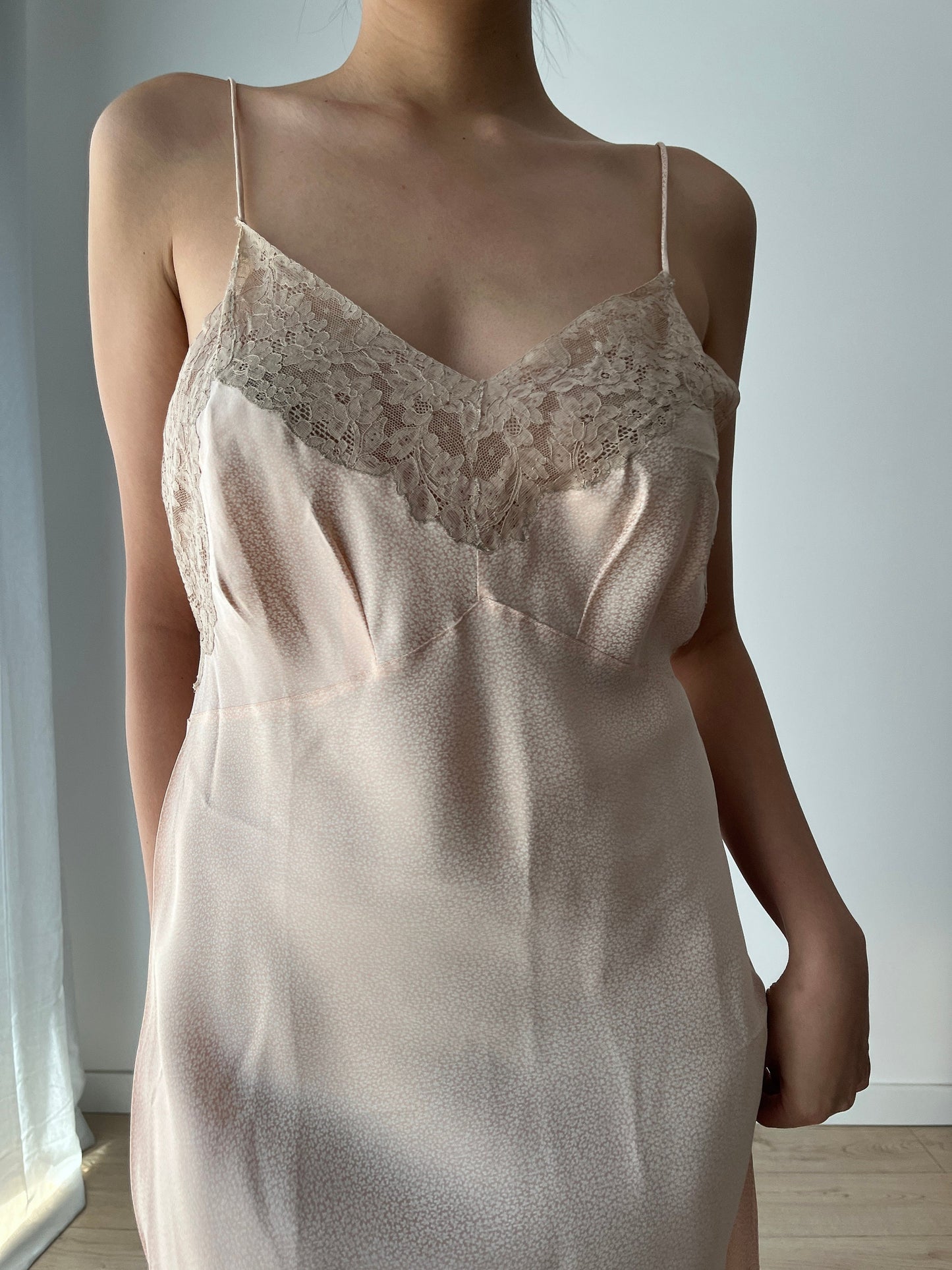 Antique Vintage 1950s bias cut rayon liquid satin pastel pink embroidered lace slip summer garden dress