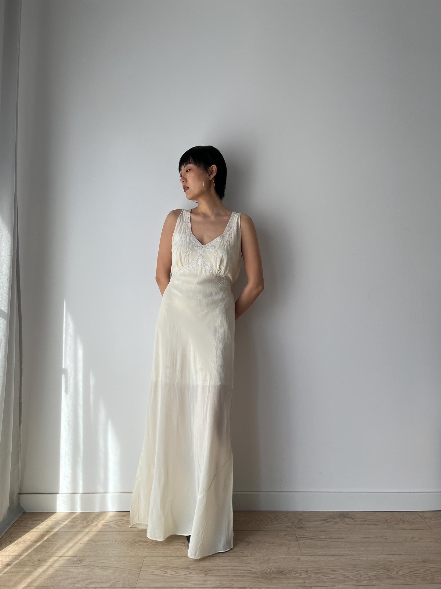 1930s Antique Bridal Lace Bias Cut Negligee Silk Satin Embroidered Nightgown