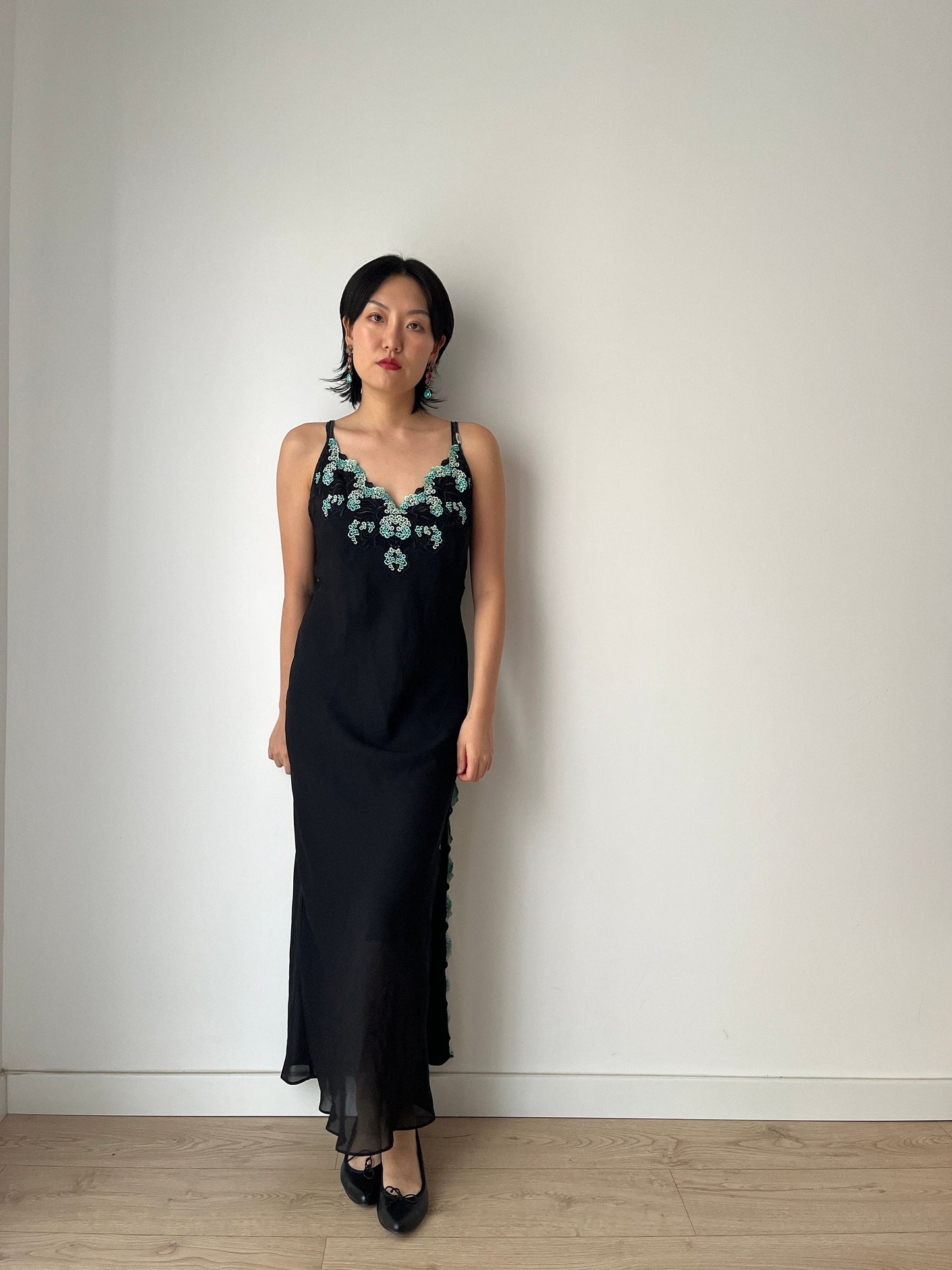 Vintage black pure silk chiffon lace cut out embroidered nightdress