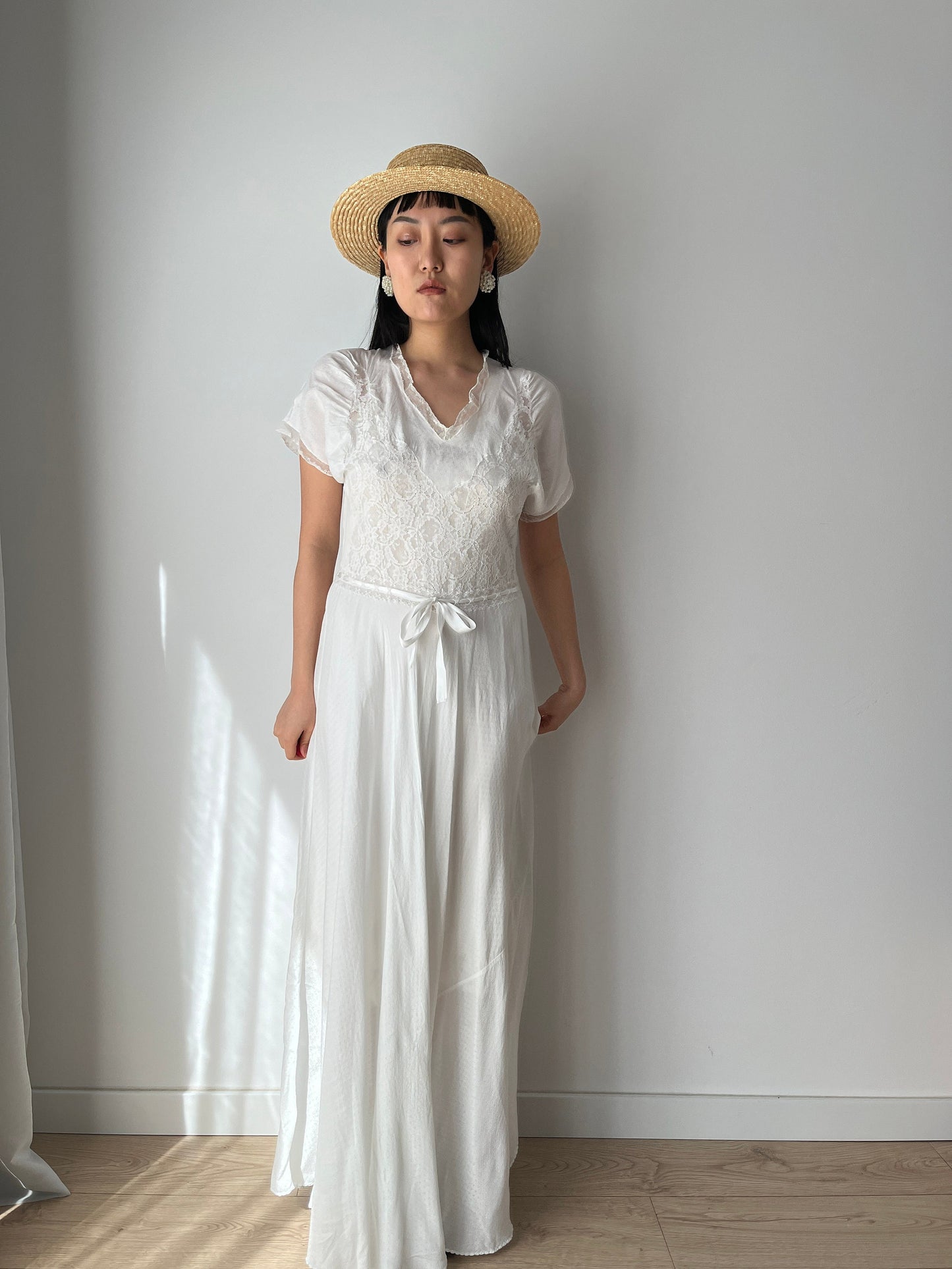 1930s Antique Bias Cut Rayon Embroidered Lace Bridal Dress