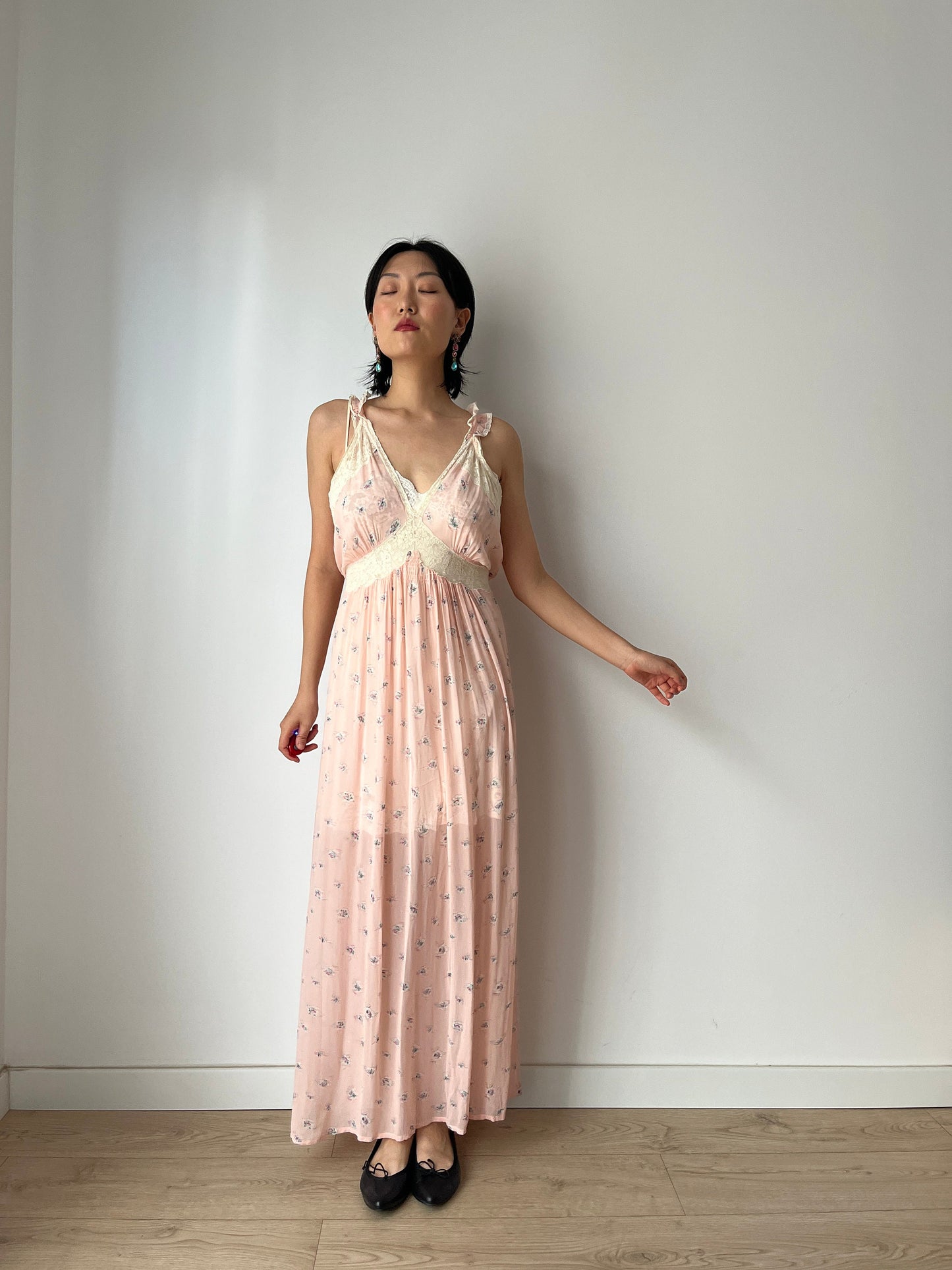 vintage 1930s pink floral print crepe silk lace ribbon art deco dress, romantic parisian nightgown