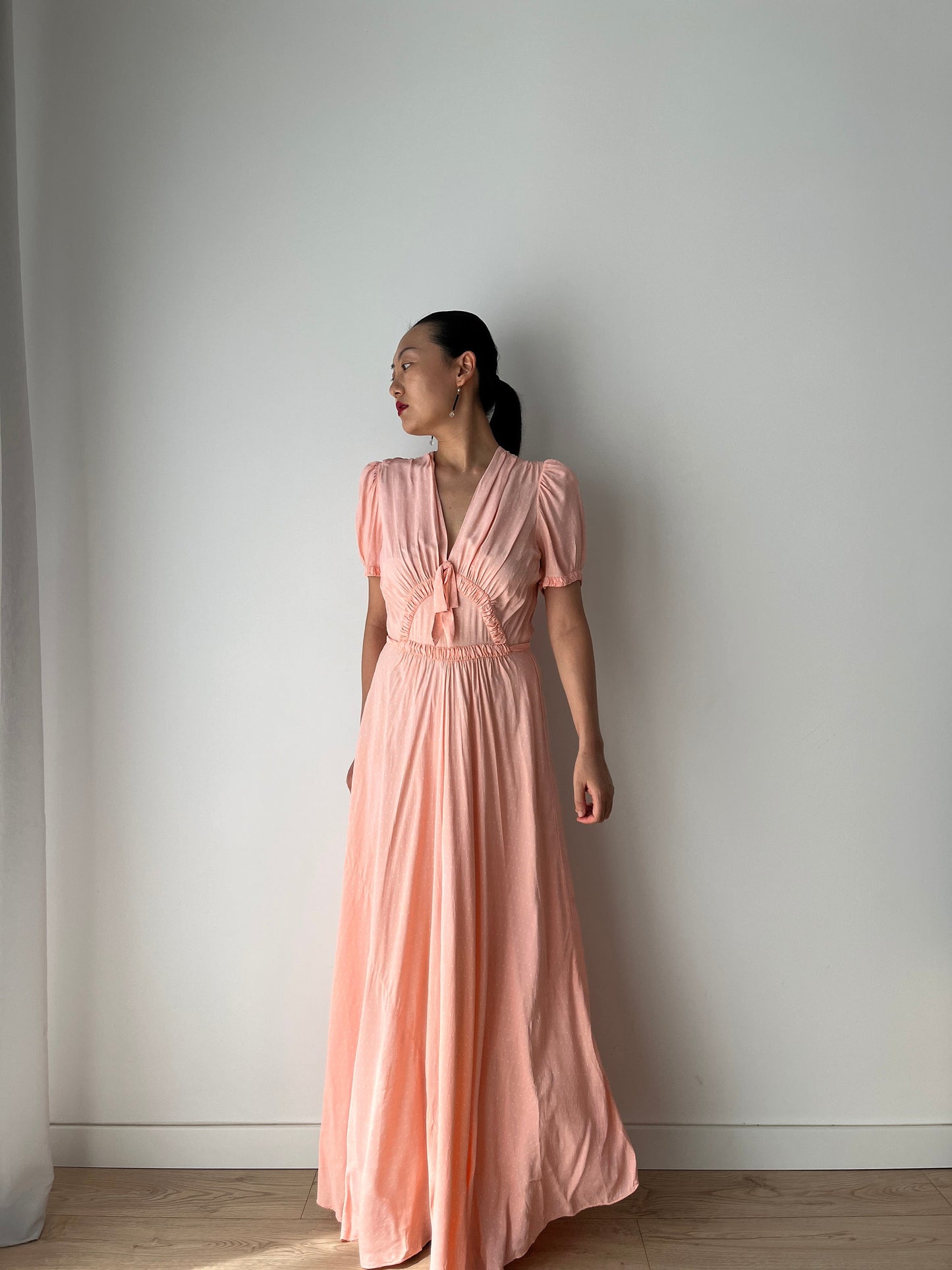 1940s Antique Bias Cut Pastel Pink Rayon Dots Print Bow Dress