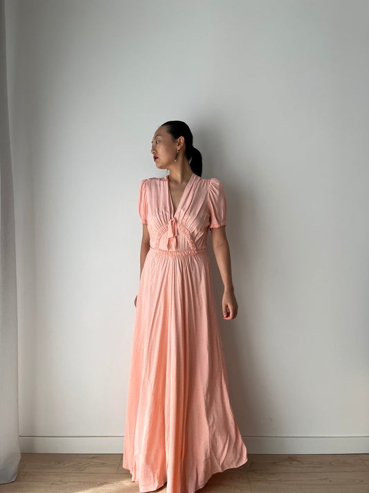 1940s Antique Bias Cut Pastel Pink Rayon Dots Print Bow Dress