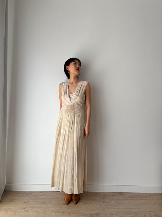 1930s Antique Bridal Lace Bias Cut Negligee Silk Satin Embroidered Nightgown