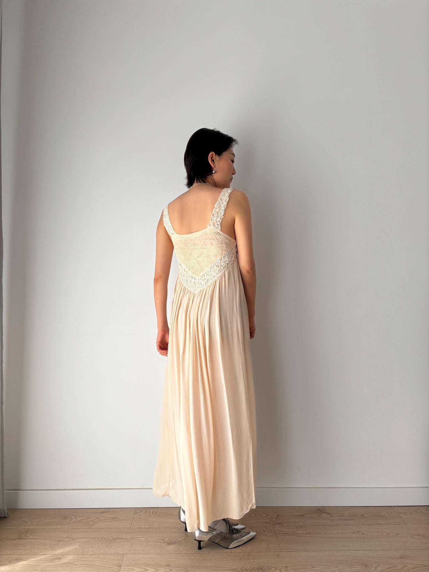 1930s Antique Pure Silk Crepe Embroidered Romantic Lace Bridal Dress