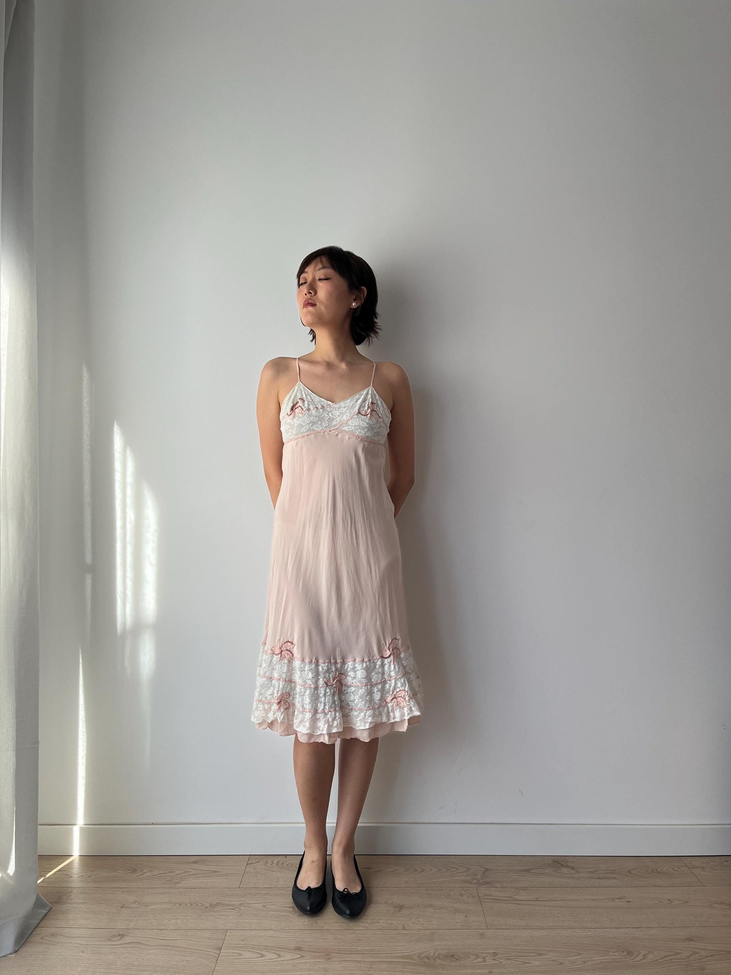 1930s Antique Pastel Pink Lace Liquid Crepe Silk Slip dress, Vintage lace mini dress