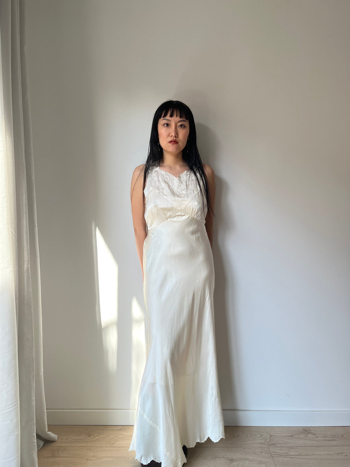 Antique Vintage liquid pure silk satin white embroidered slip long maxi camisole dress