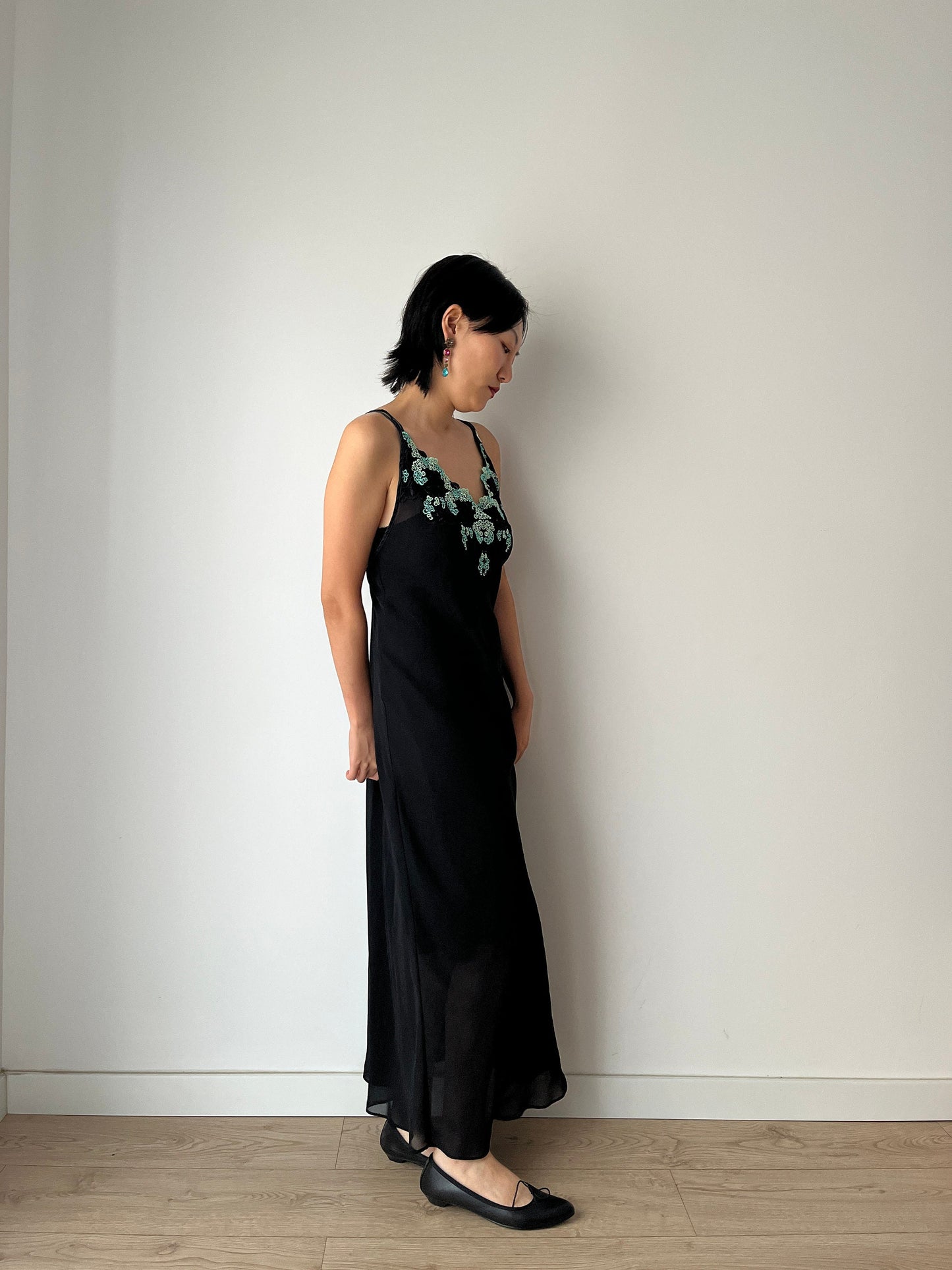 Vintage black pure silk chiffon lace cut out embroidered nightdress