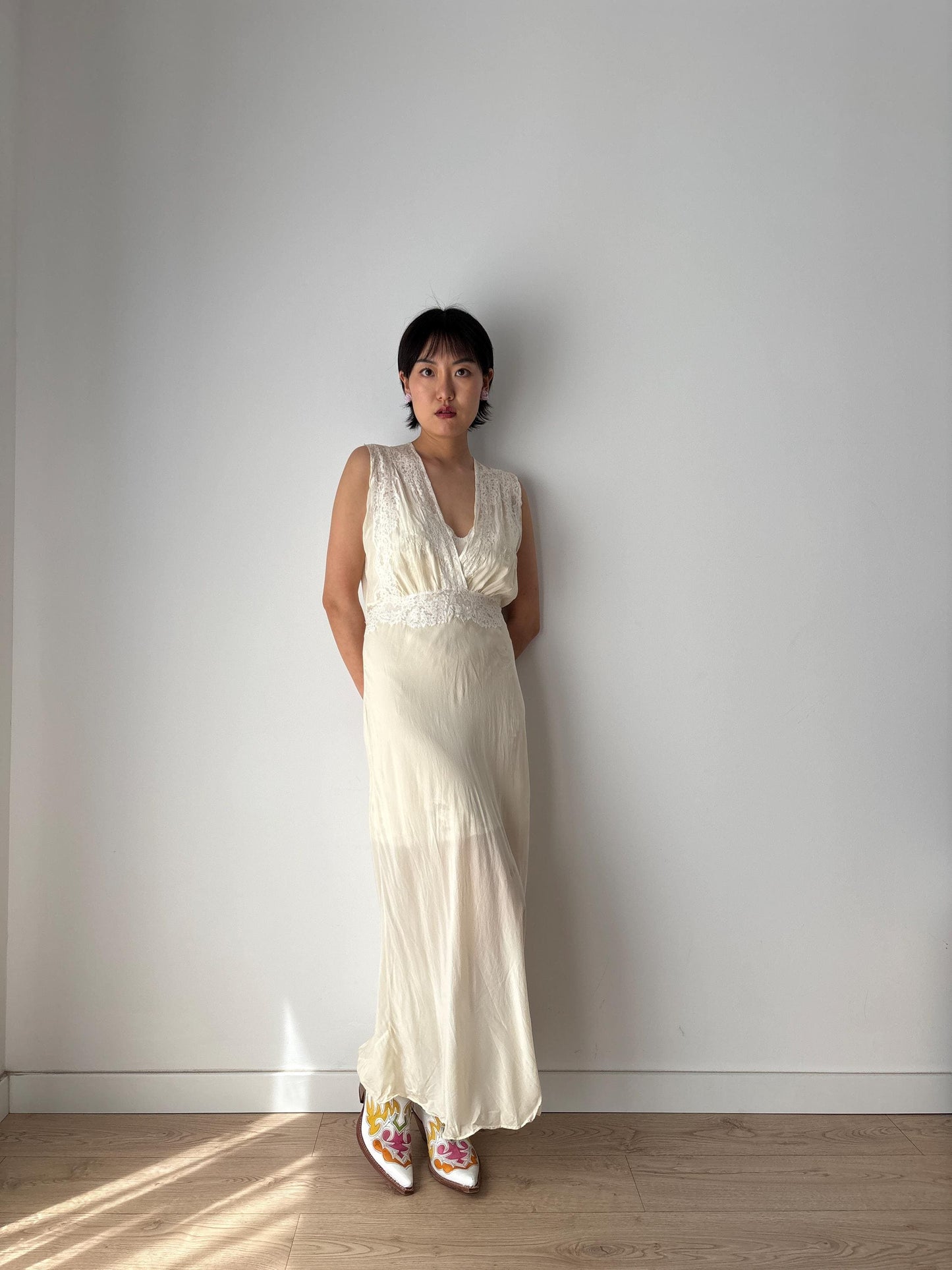 1930s Antique Bridal Lace Bias Cut Negligee Silk Satin Embroidered Nightgown