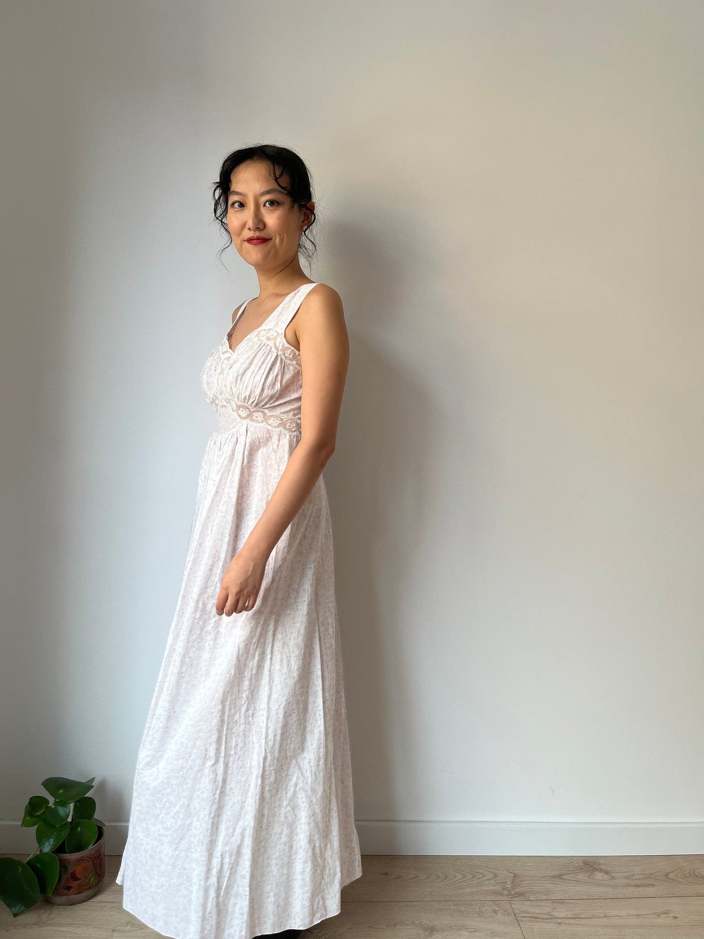 vintage 1950s pink floral print cotton lace ribbon art deco dress, romantic parisian nightgown