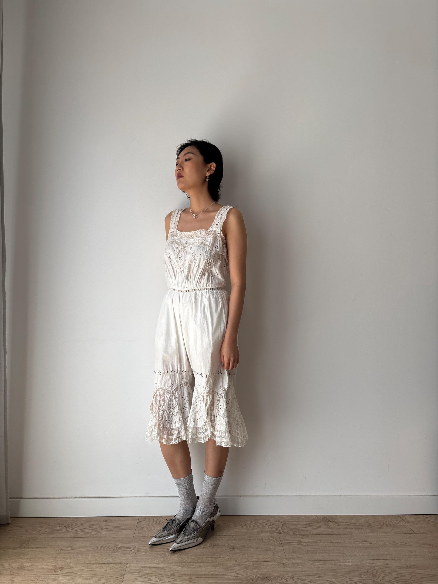 Antique 1910s Edwardian White Cotton  Floral Embroidered Lace Jumpsuit Romper, One Piece Cami Split Crotch Pantaloons with Broderie Anglaise