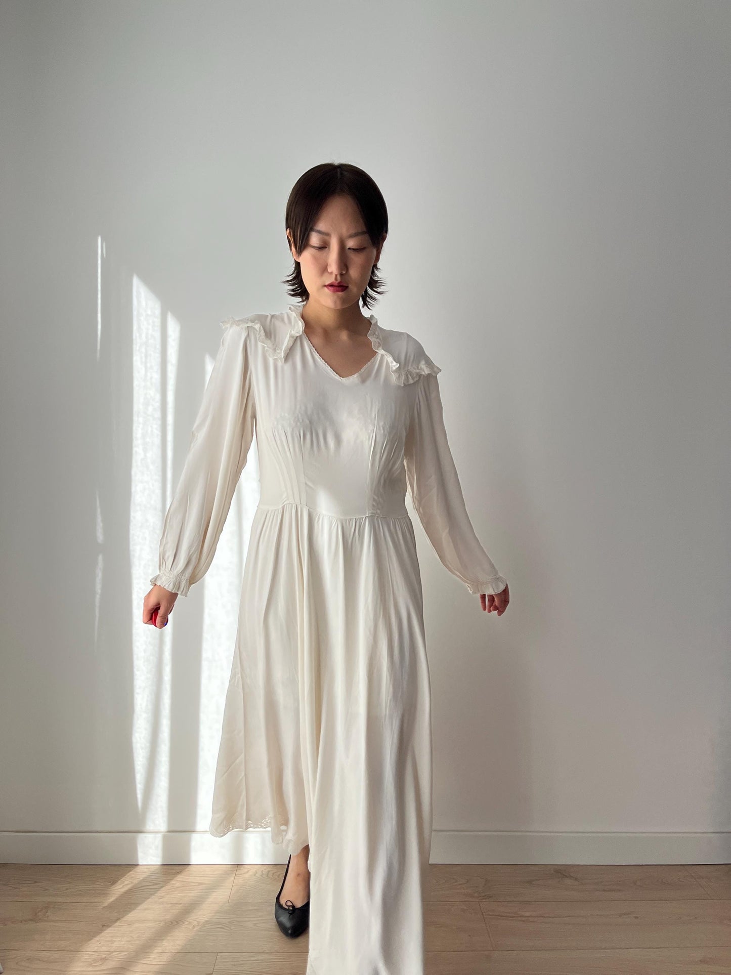 1940s Antique Lace White 100% Pure Silk Liquid Satin Long Maxi dress