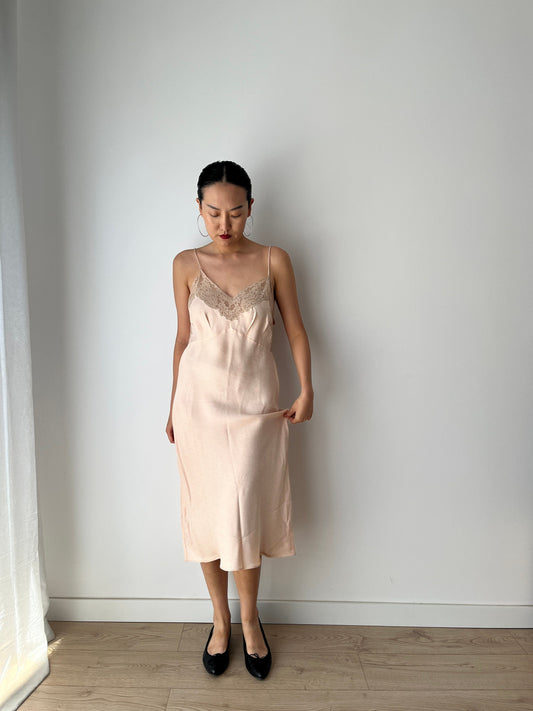 Antique Vintage 1950s bias cut rayon liquid satin pastel pink embroidered lace slip summer garden dress