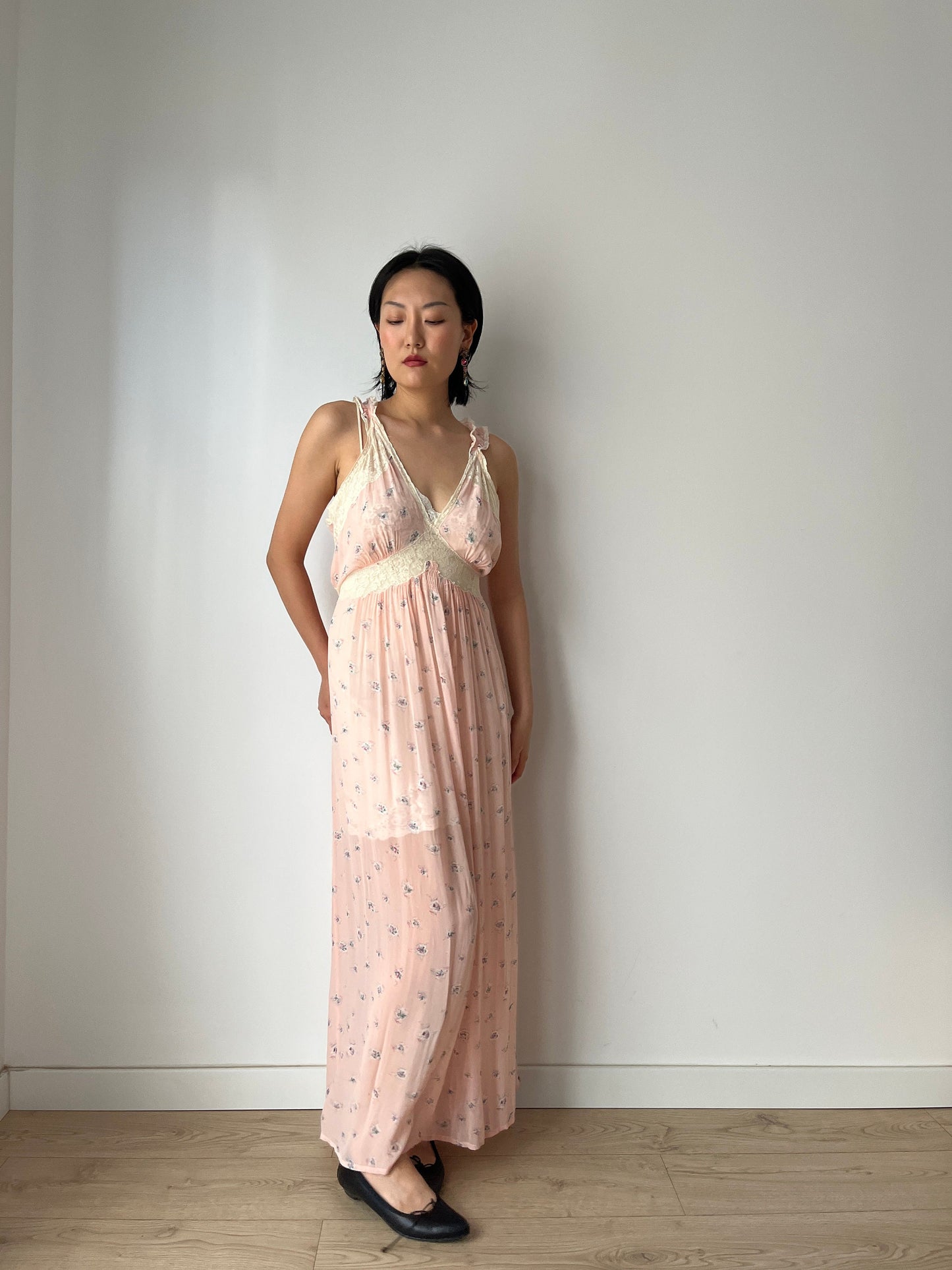 vintage 1930s pink floral print crepe silk lace ribbon art deco dress, romantic parisian nightgown