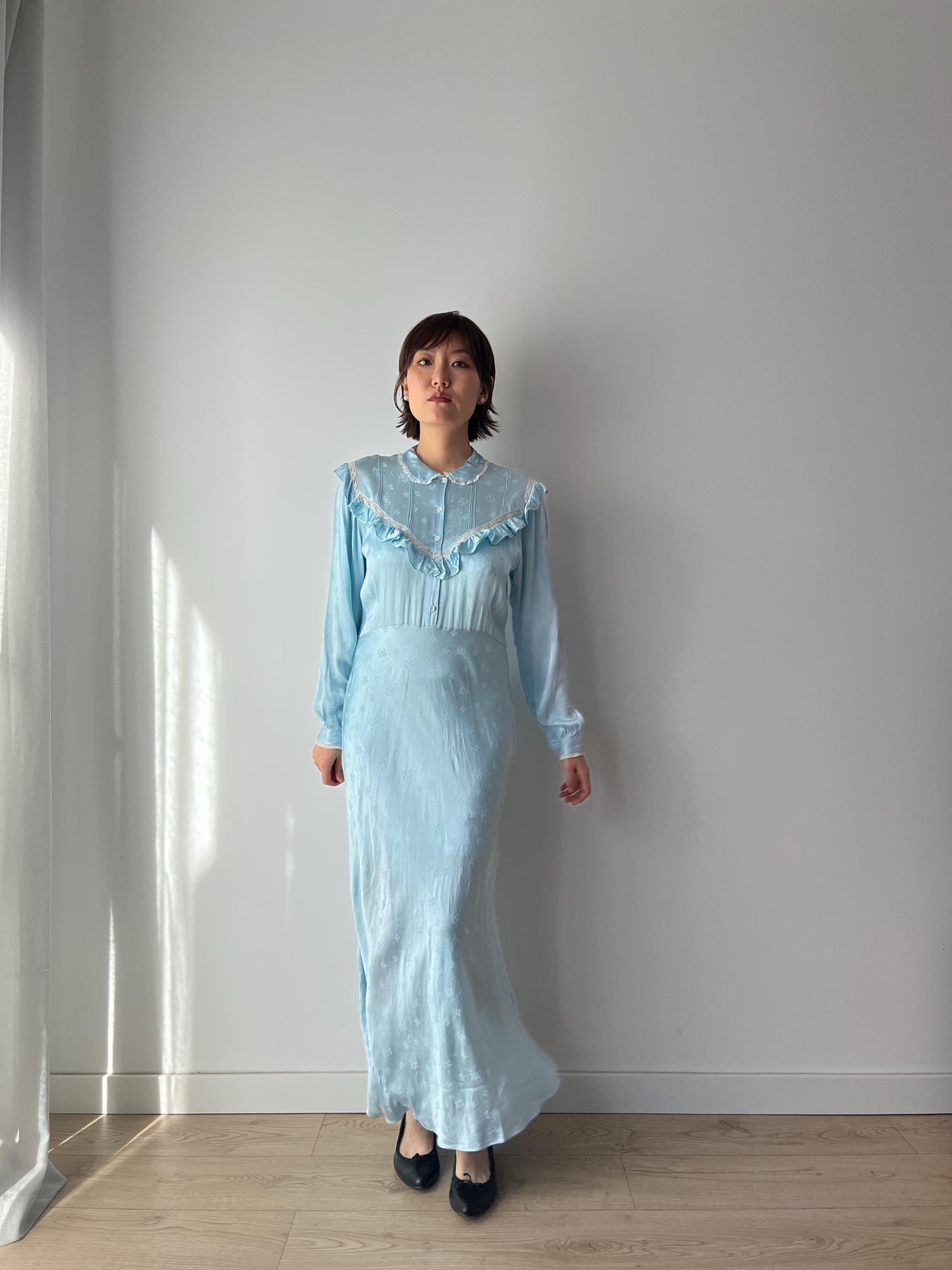 Antique 1930s floral print bias cut liquid silk satin bridal nightdress