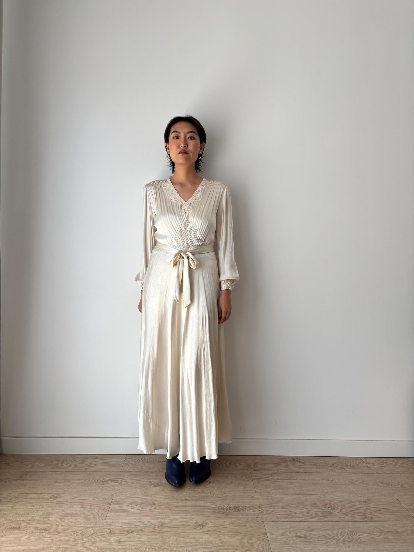 1930s Antique Lace Bridal 100% Silk Liquid Satin Long Maxi dress