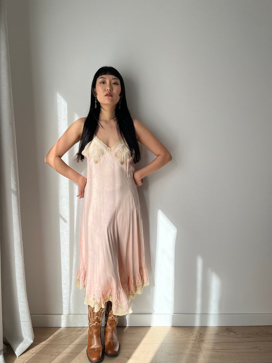 1930s Antique Pastel Pink Lace Liquid Crepe Silk Slip dress, Vintage lace mini dress