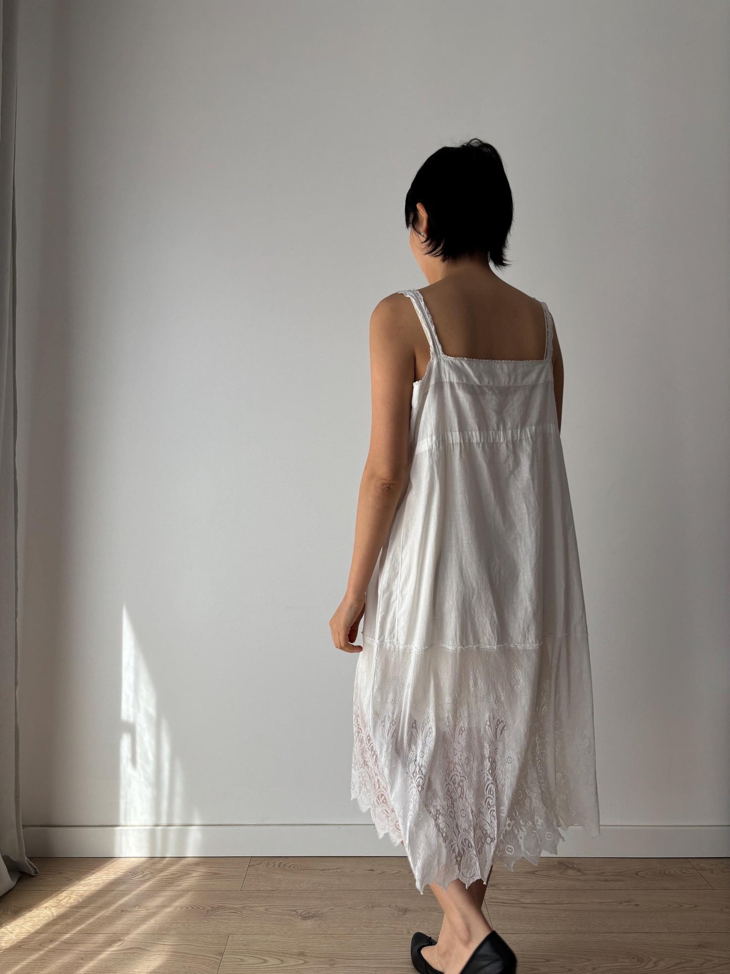 1910s 1900s Antique White Cotton Edwardian Victorian Lace Mini Slip Dress