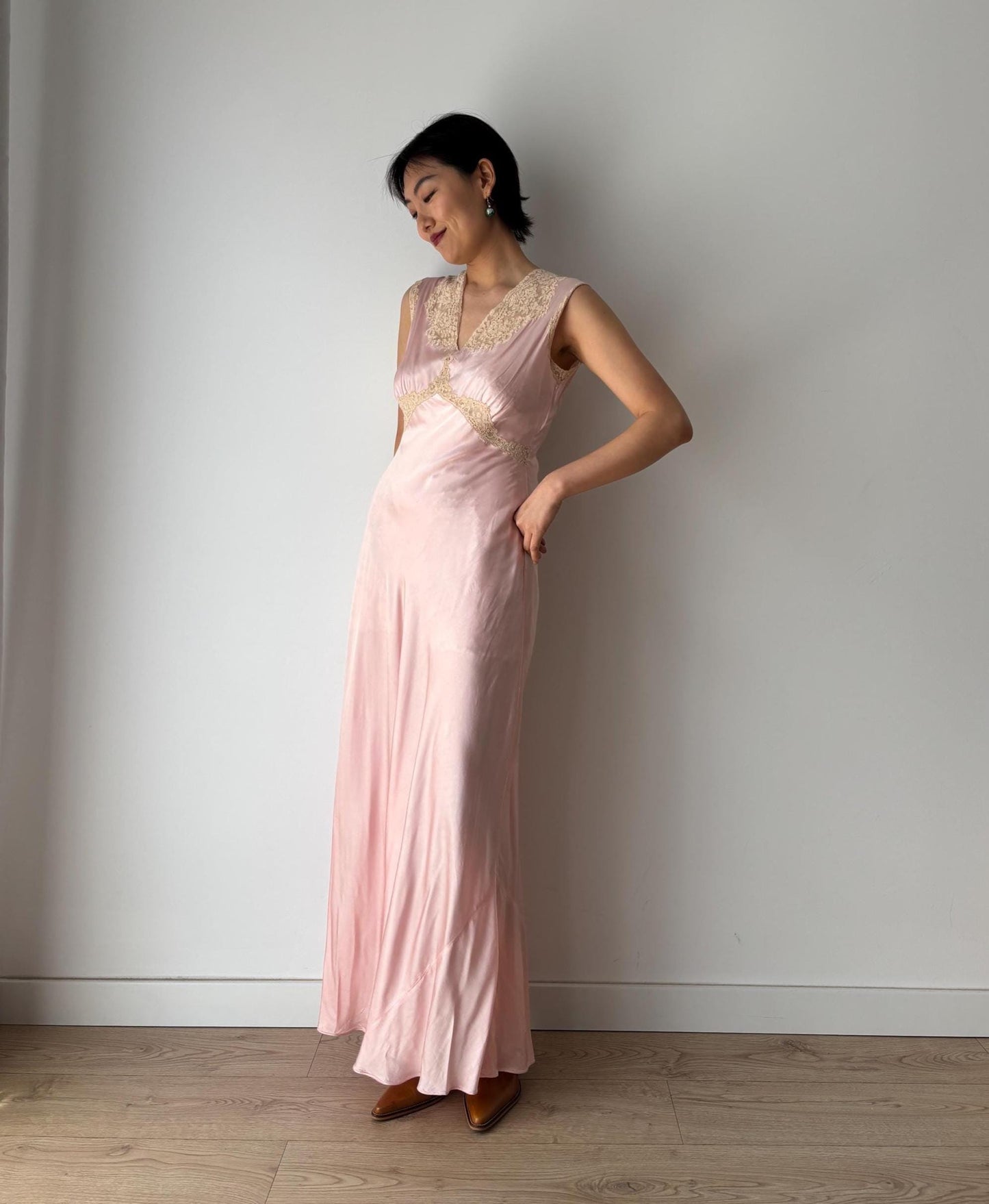 1930s Antique Lace appliqué Peach Pink Pure Silk bias cut gown, Liquid Satin Silk Maxi Dress