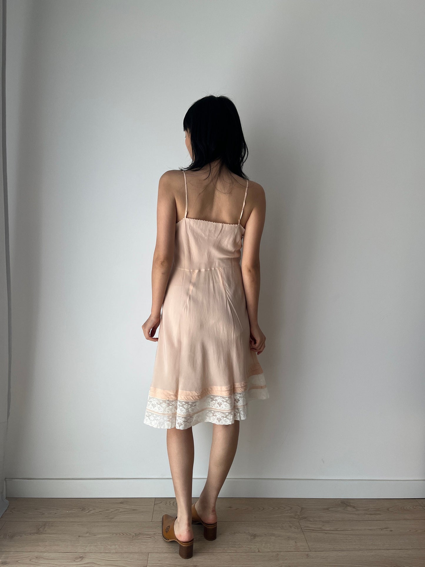 1930s Antique Pastel Pink Lace Liquid Crepe Silk Slip dress, Vintage lace mini dress