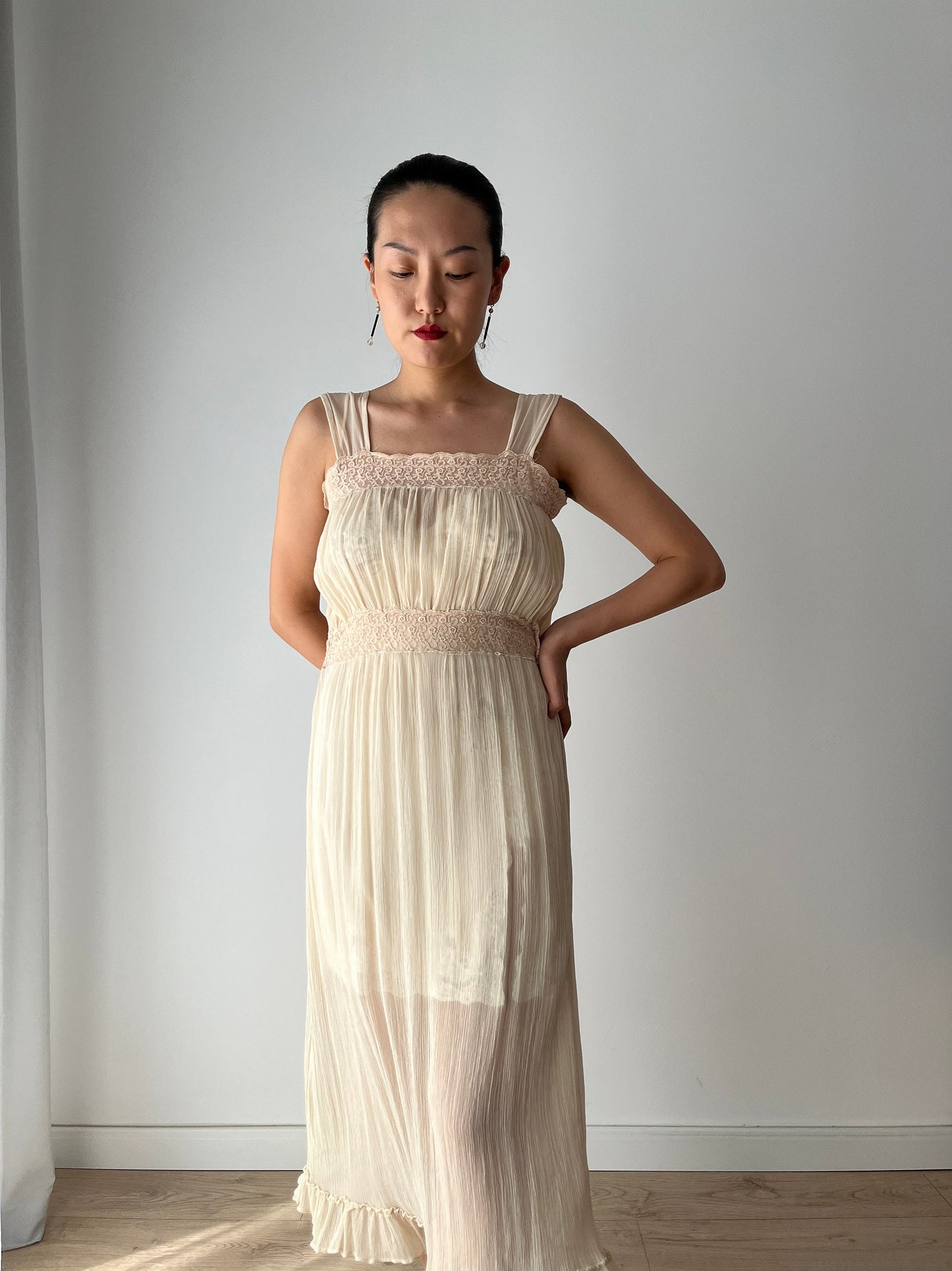 1920s Antique Bias Cut Beige Cream Pure Silk Embroidered Nightgown