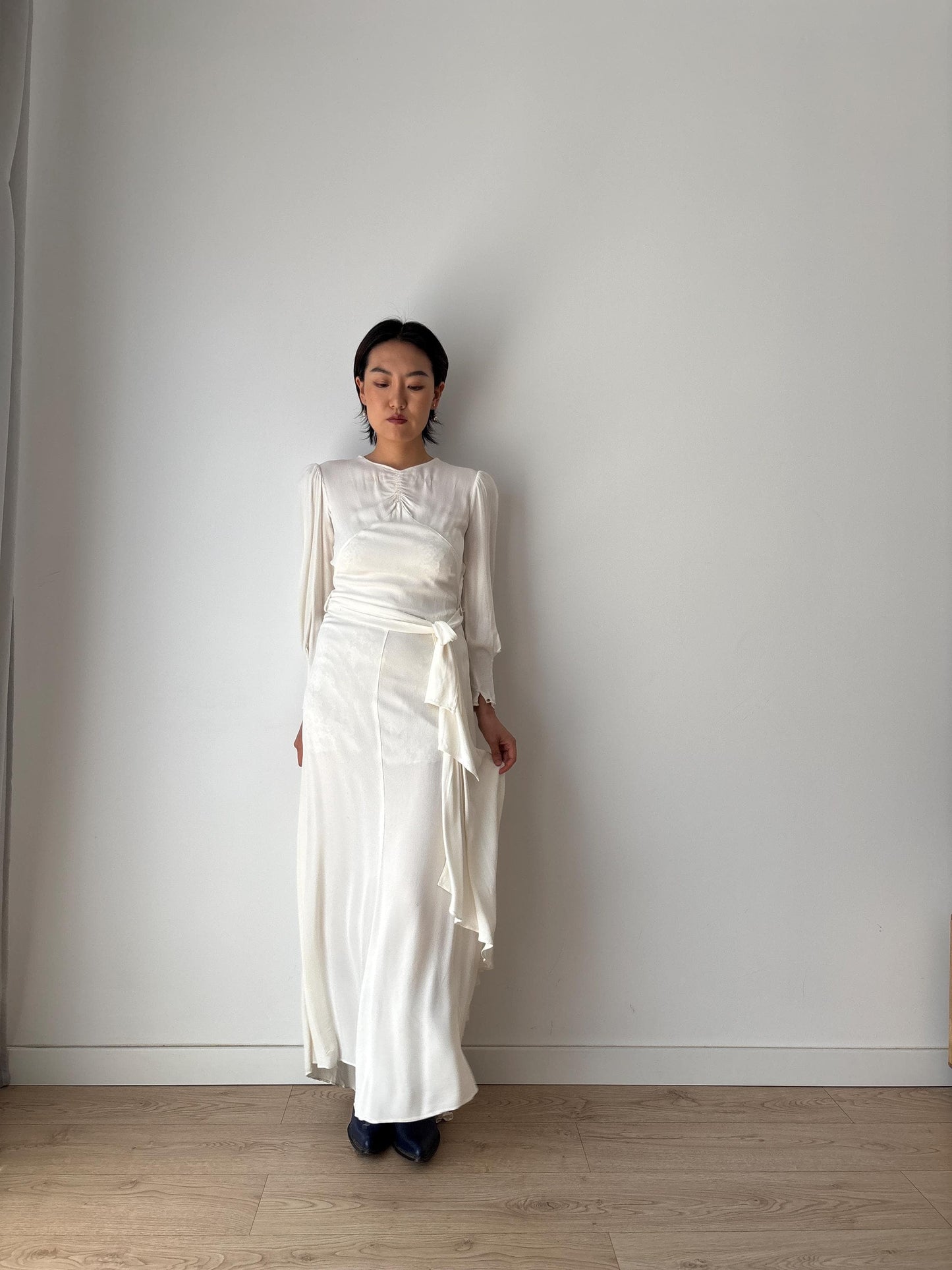 1930s Antique White 100% Silk Crepe Long Maxi Bridal dress, Vintage lace wedding dress