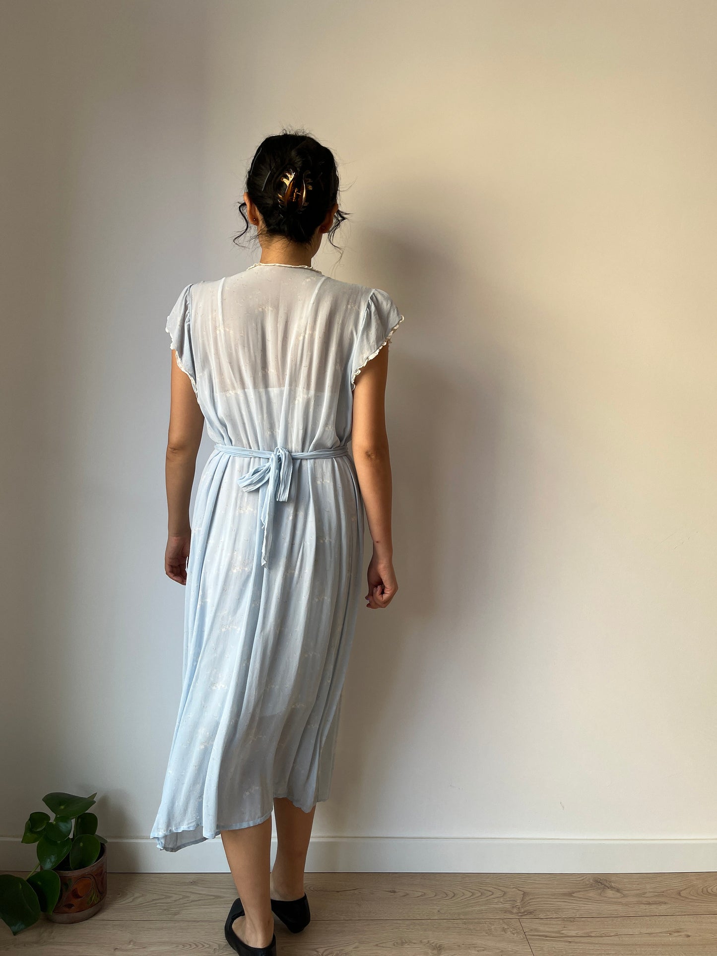 Antique 1930s bias cut liquid pure silk floral nightdress, Embroidered art deco babe blue maxi dress