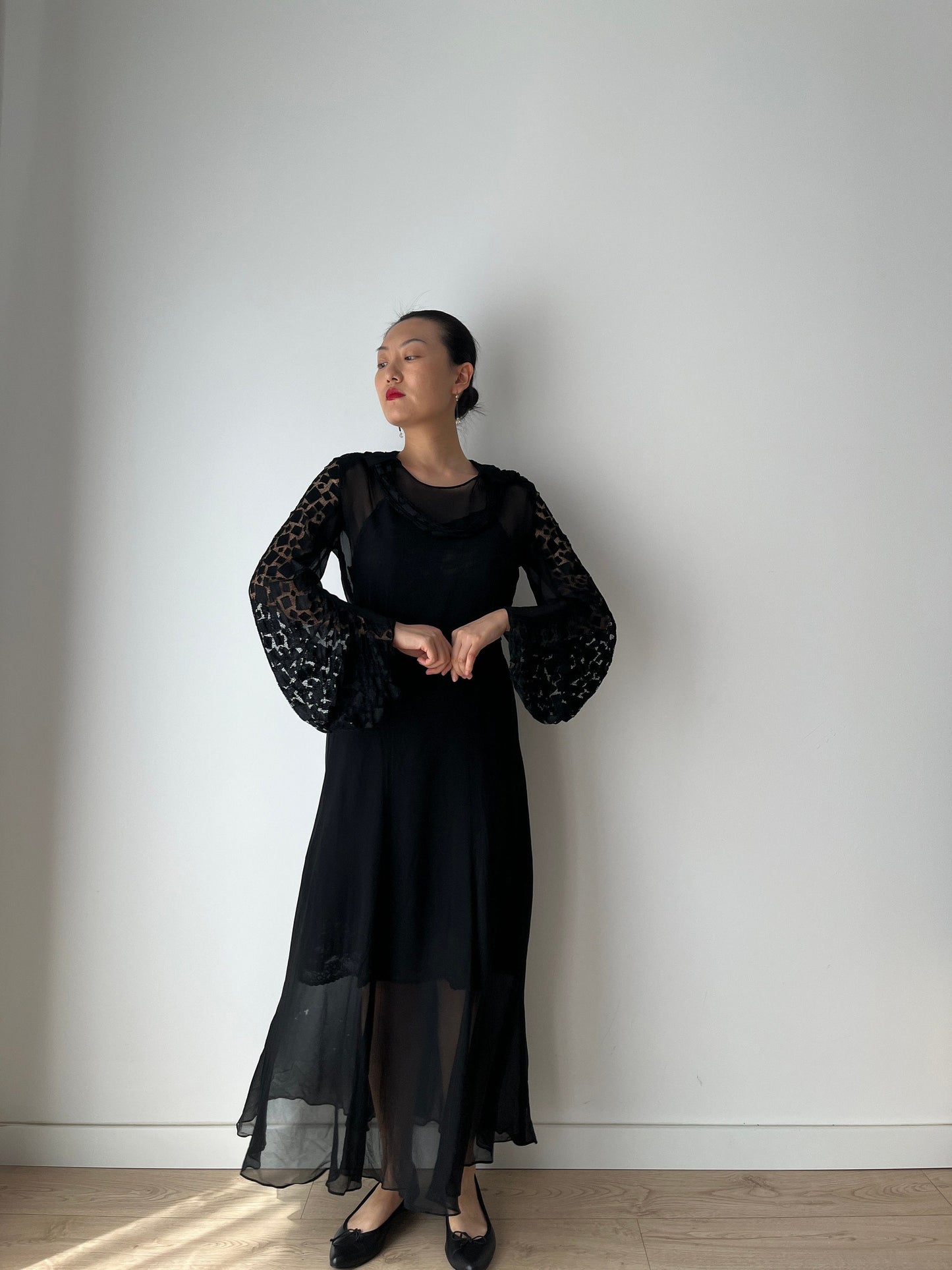 1920s Black Silk Antique Evening Night Transparent Dress Flapper Lace Embroidered dress