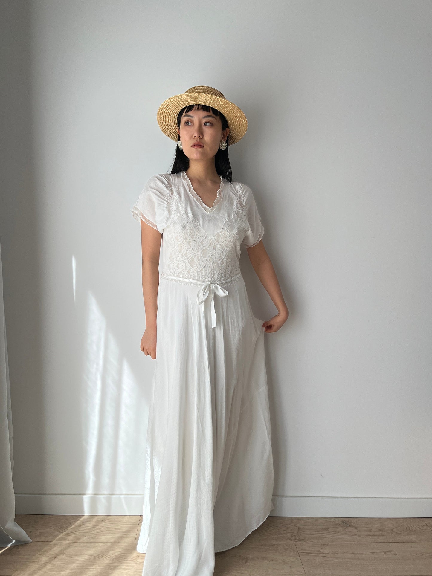 1930s Antique Bias Cut Rayon Embroidered Lace Bridal Dress