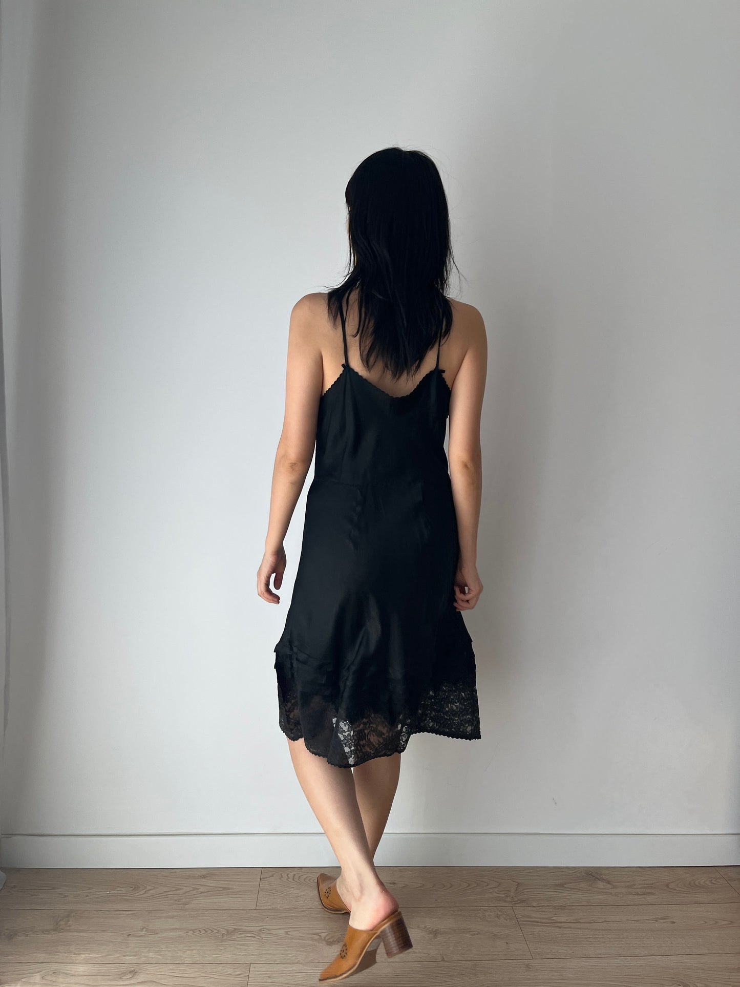 Antique vintage 1930s black liquid satin pure silk lace embroidered art deco bias cut slip