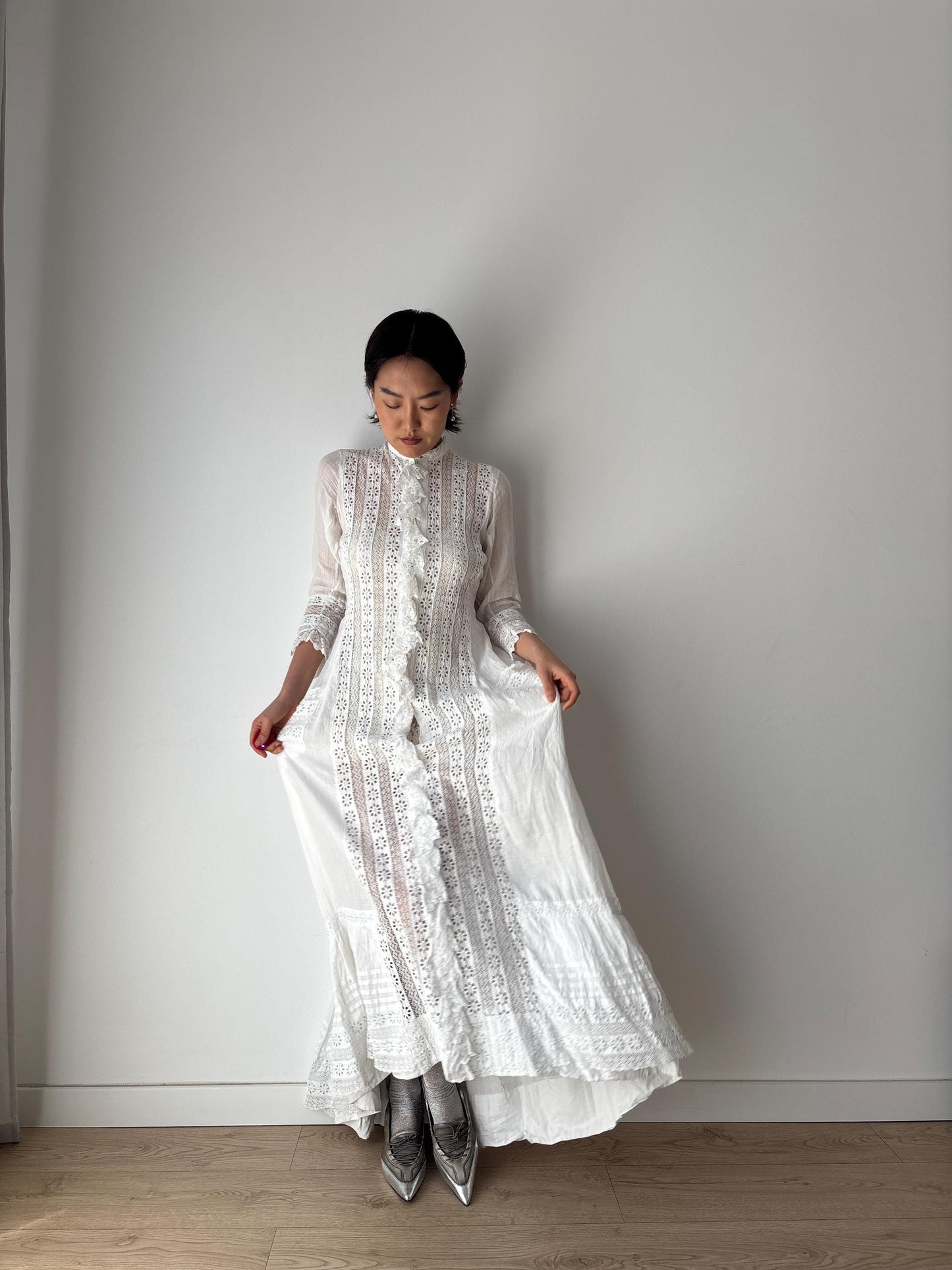 Antique 1900s White Cotton Edwardian Petticoat Renaissance Victorian Nightdress