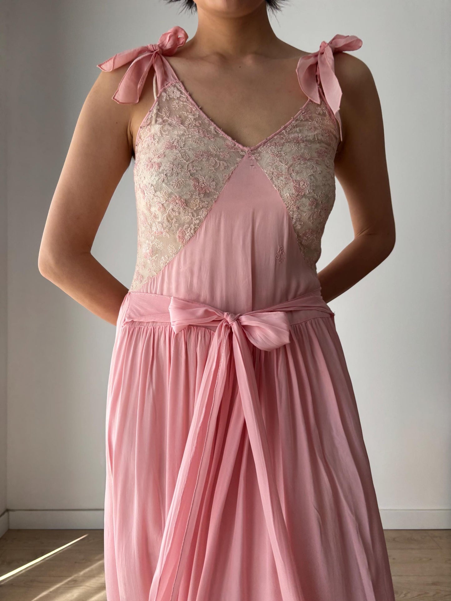1930s Antique Pink Pure Silk Crepe Lace Nightgown with waist belt