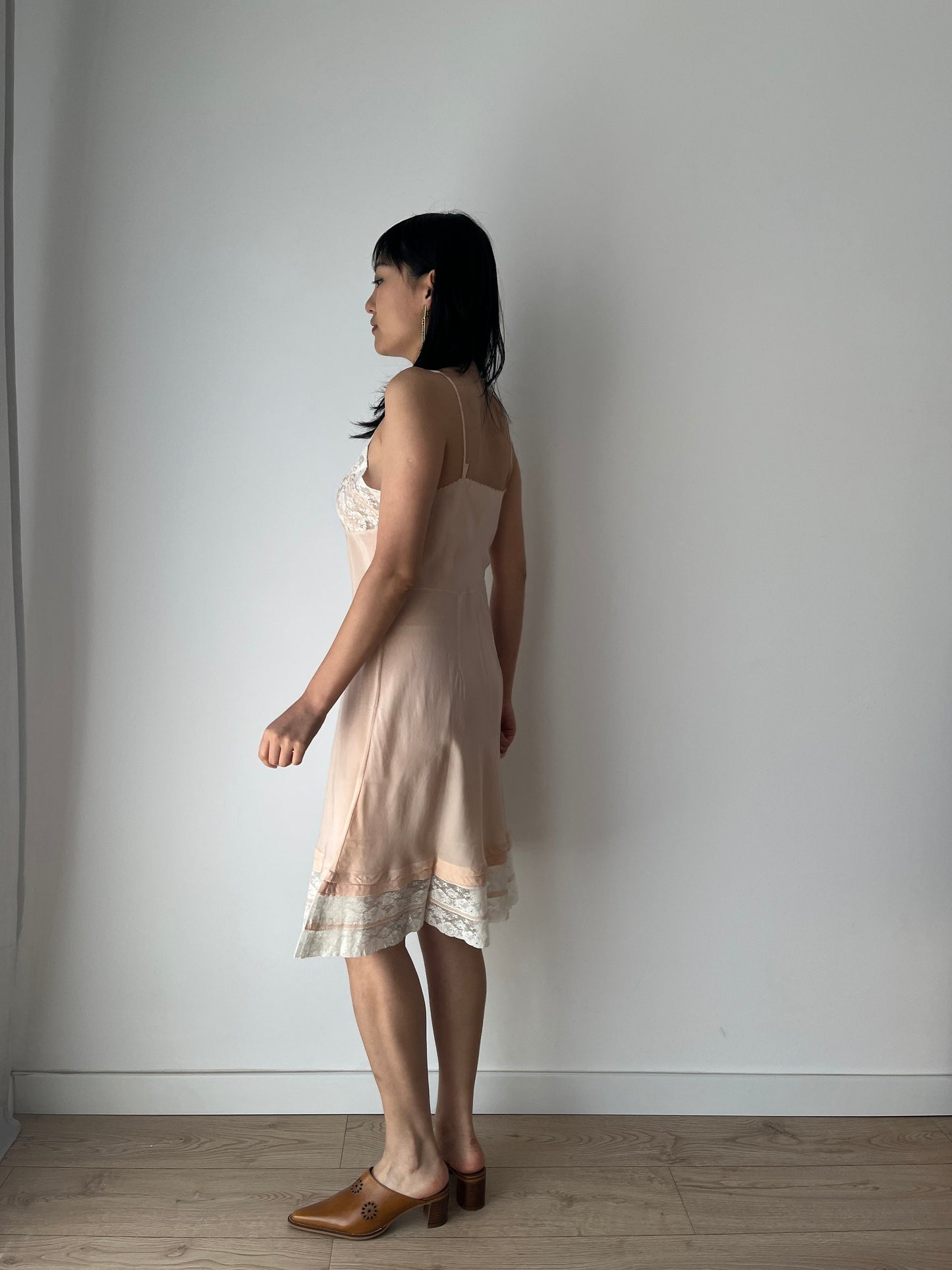 1930s Antique Pastel Pink Lace Liquid Crepe Silk Slip dress, Vintage lace mini dress