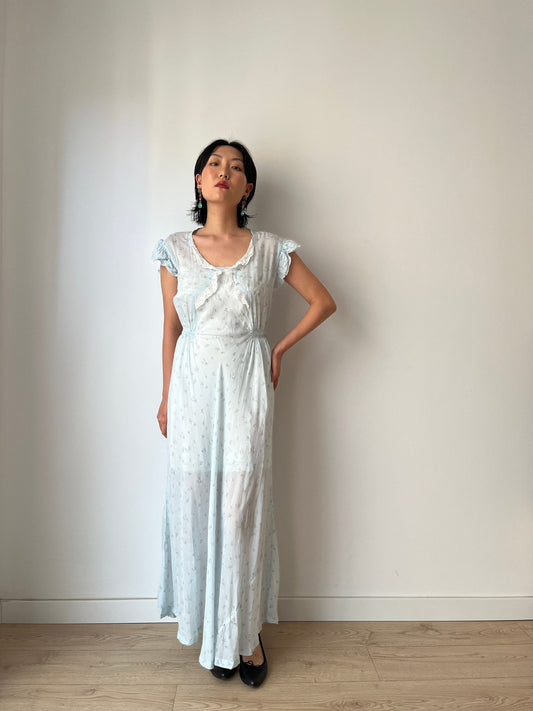 vintage 1940s blue bias cut floral crepe chiffon sheer lace embroidered art deco dress