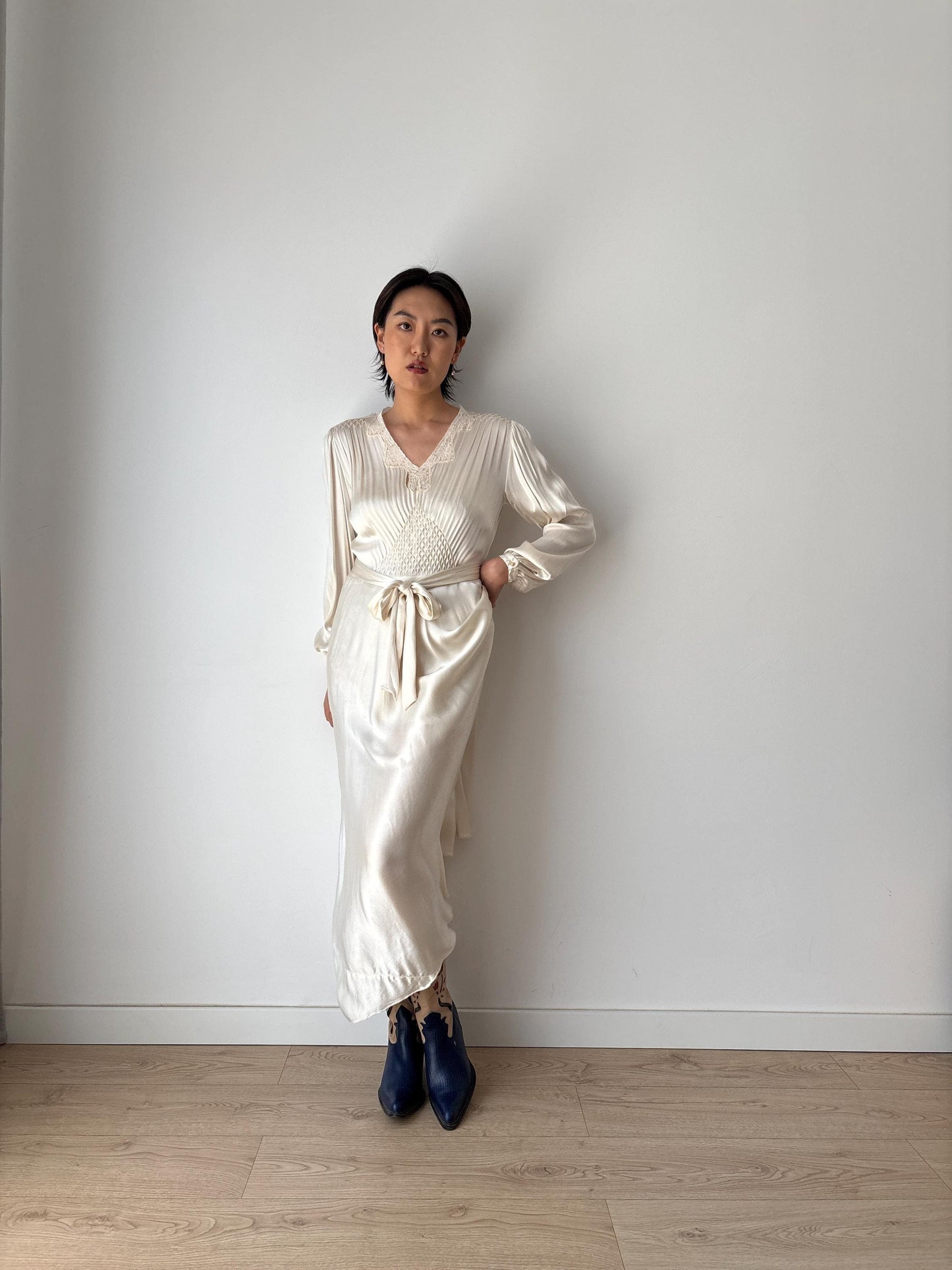 1930s Antique Lace Bridal 100% Silk Liquid Satin Long Maxi dress