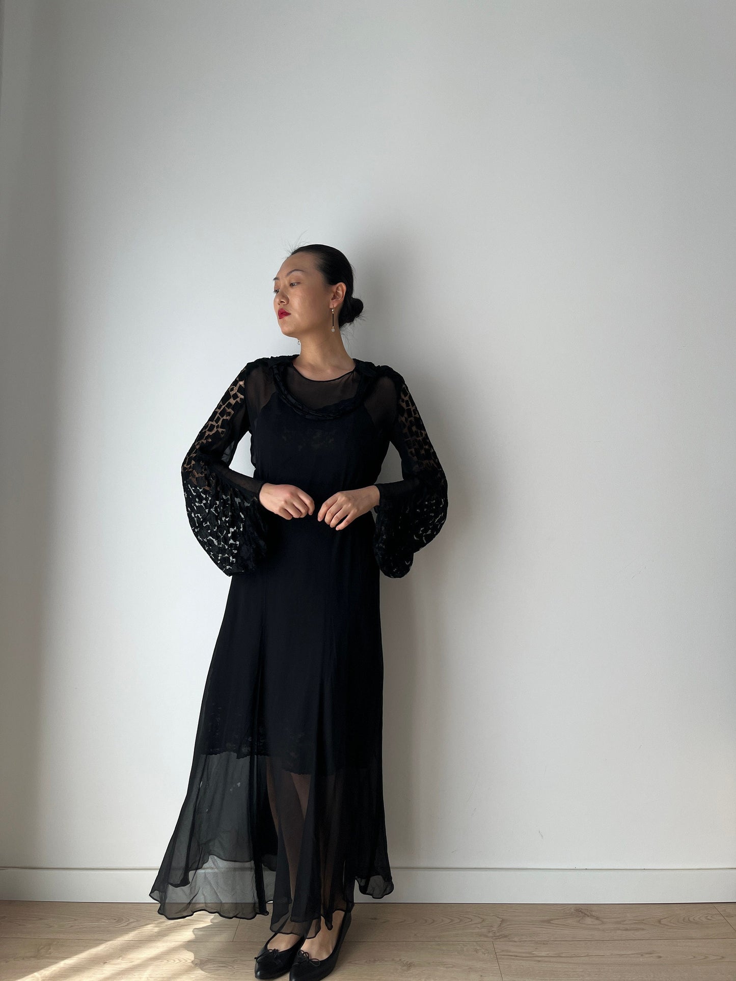 1920s Black Silk Antique Evening Night Transparent Dress Flapper Lace Embroidered dress