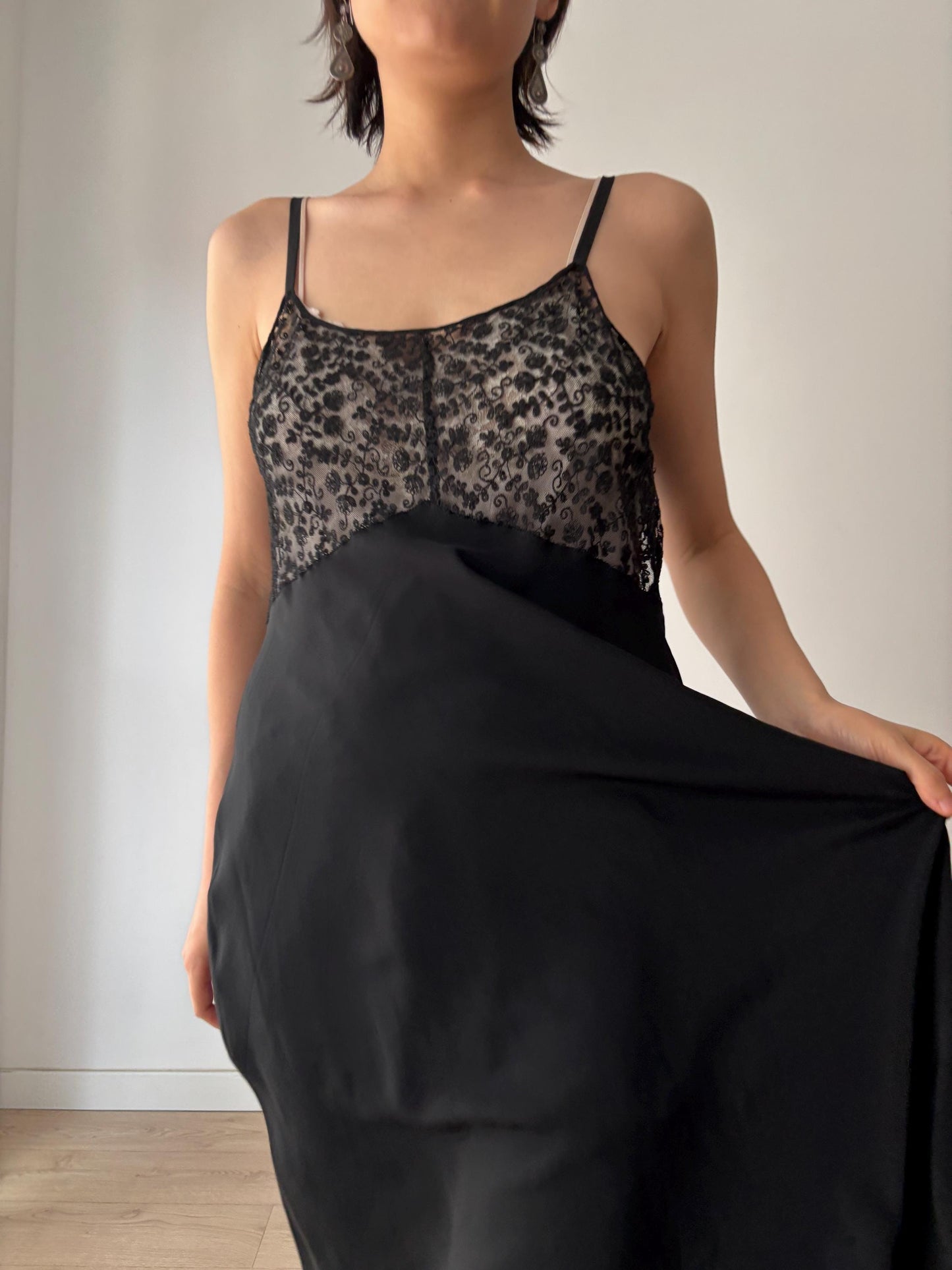 Antique 1930s 1940s black liquid satin pure silk lace art embroidered deco bias cut nightgown maxi slip under dress